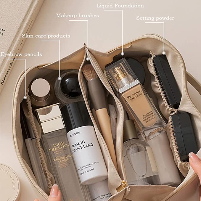 GREENITYA Large Leather Makeup Bag - Waterproof Travel Cosmetic Organizer for Skincare & Toiletries