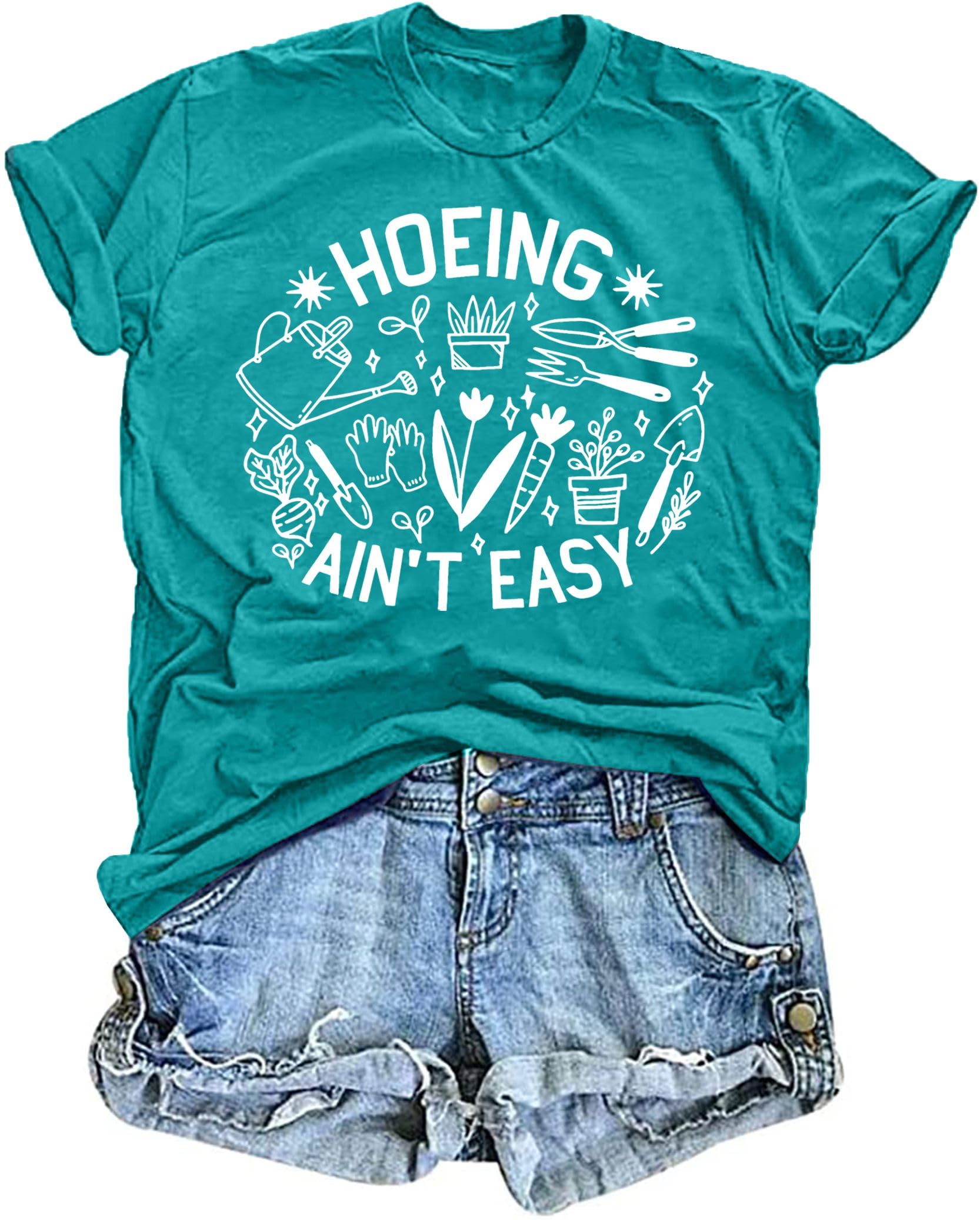 Women's Gardening T-Shirt - 'Hoeing Ain't Easy' Funny Plant Lover Tee, Floral Print Casual Top - Perfect Gift for Gardeners, Outdoor Work & Nature Enthusiasts