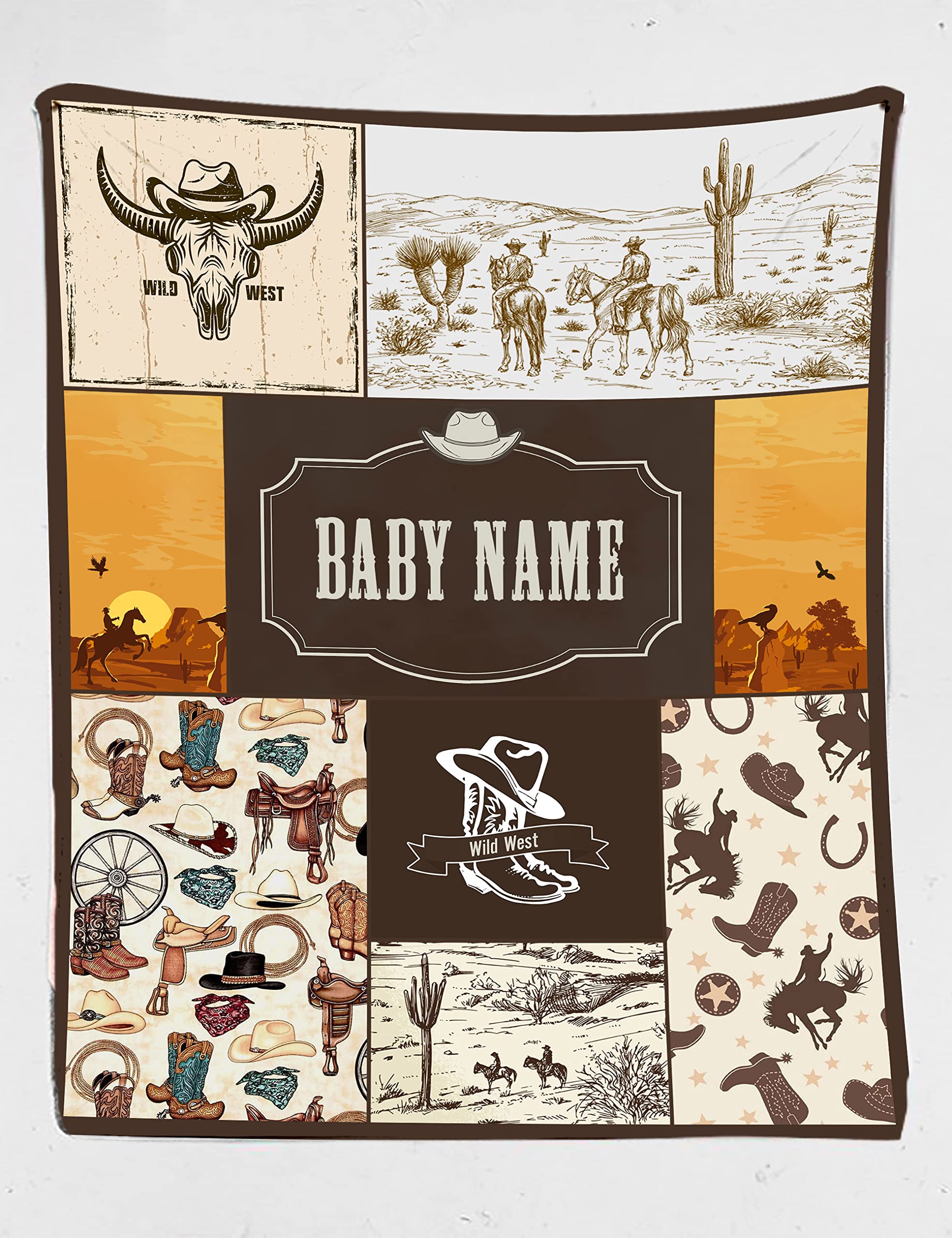 Personalized Western Cowboy Baby Blanket for Boys & Girls - Soft Fleece Swaddle Blanket with Name, Wild West Horse Design - Perfect for Newborn Gifts, Nursery Decor, and Photo Shoots