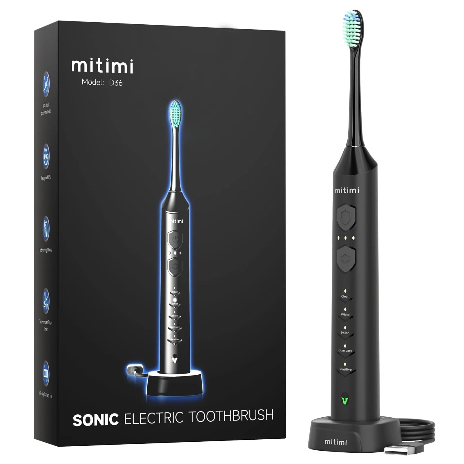 Mitimi D36 Sonic Electric Toothbrush - 3 Intensity Levels & 5 Cleaning Modes, Wireless Fast Charging, IPX7 Waterproof, for Adults & Kids - Perfect for Travel, Home & Family Oral Care