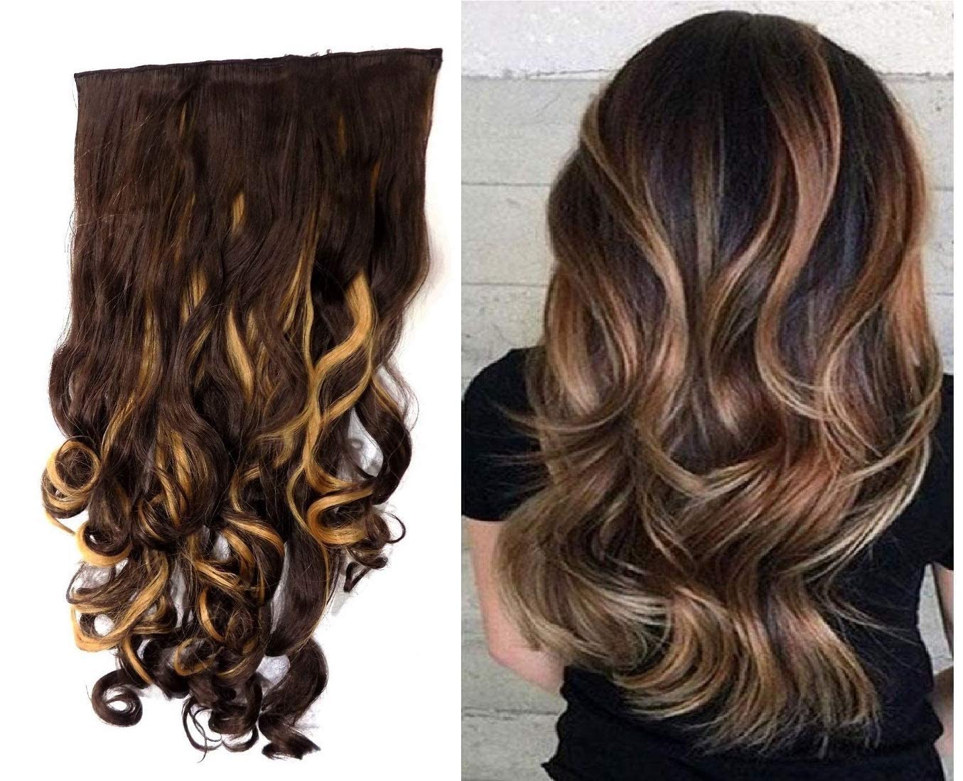 Glan 5 Clips 20-22 Inches Curly Synthetic Hair Extensions for Women - Golden Brown - Instant Length & Volume - Full Head Clip-in Extensions for Daily Wear & Special Occasions