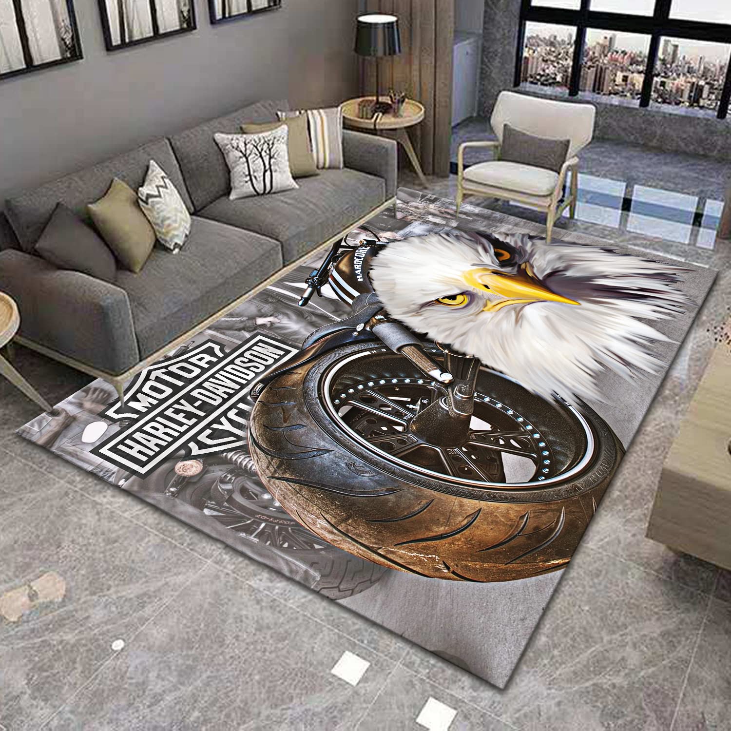 Harley Davidson Themed Rug - 63”x82” (160x210cm) Modern Area Rug for Living Room, Bedroom & Home Decor | Non-Slip Soft Carpet | Perfect Gift for Bikers & Harley Fans | Durable & Stylish Floor Covering for Home, Office or Man Cave