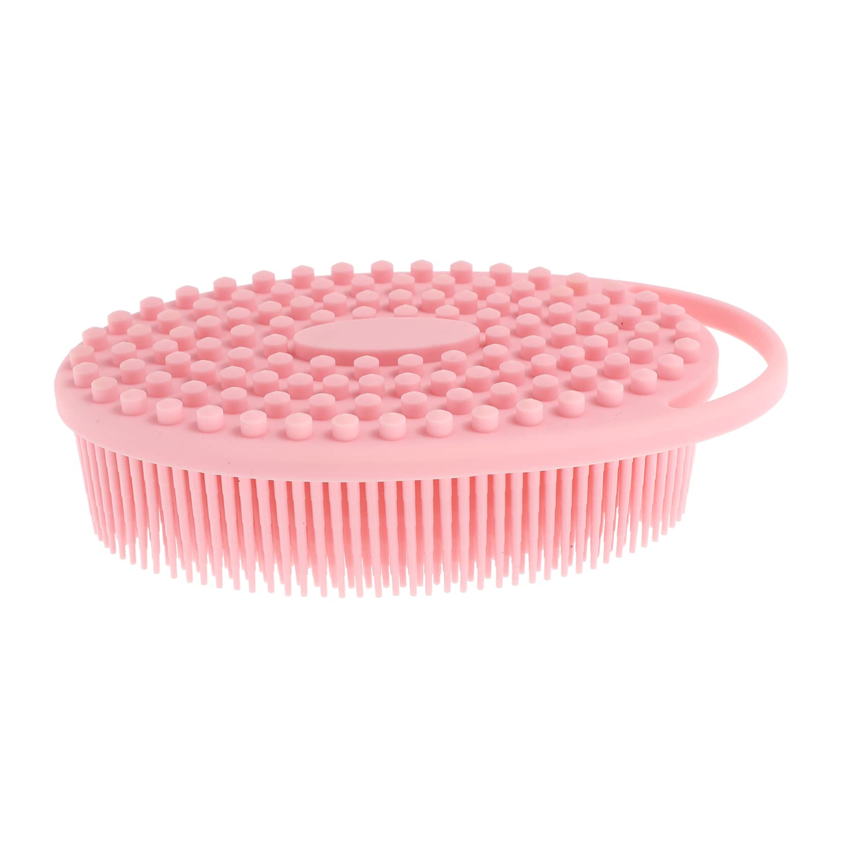 FRCOLOR Silicone Bath Brush with Hook - Exfoliating Body Scrubber & Scalp Massager for Men & Women - Pink Shower Brush for Deep Cleaning, Skin Exfoliation & Relaxing Spa Experience at Home
