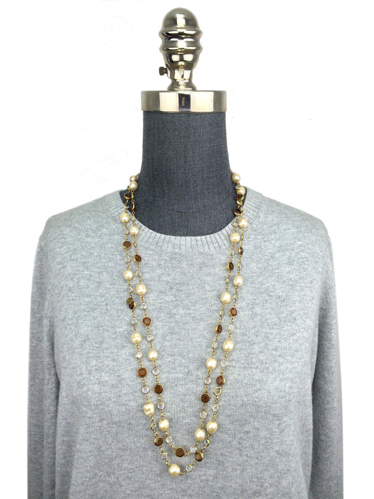 Chanel Crystal and Faux Pearl Sautoir Necklace - Elegant Layered Statement Jewelry for Women, Perfect for Evening Gowns, Cocktail Parties & Special Occasions