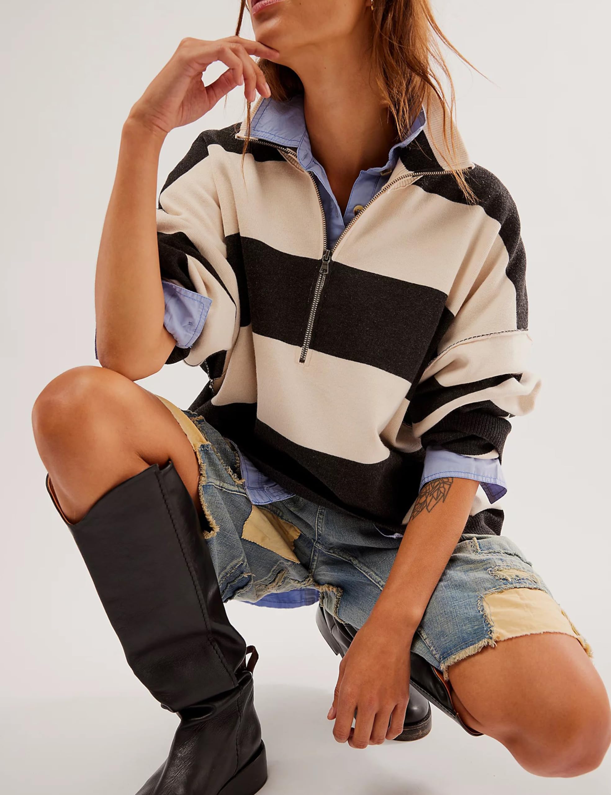 Women's Lightweight Quarter Zip Striped Oversized Knitted Pullover Sweater - Loose Fit Casual Sweater Top for Fall & Winter | Cozy Layering, Outdoor Activities, Office Wear