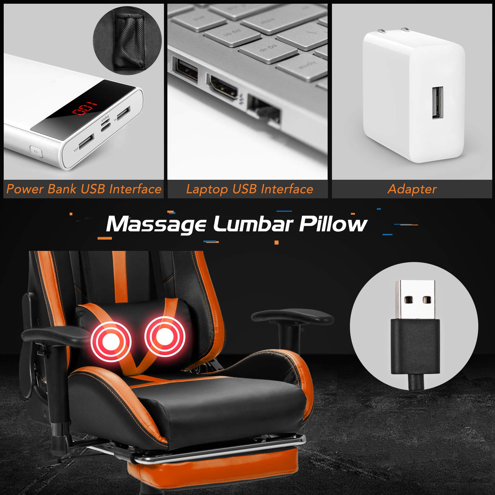 Goplus Ergonomic Gaming Chair - High Back PU Leather Adjustable Office Chair with Massage & Footrest, Reclining PC Racing Game Chair for Home & Office (Orange) - Perfect for Gamers, Streamers & Remote Workers