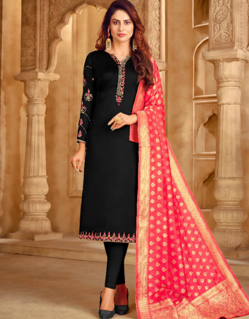 Black Satin Georgette Chudidar Salwar Suits for Women - Elegant Indian Ethnic Wear for Weddings, Parties & Festivals