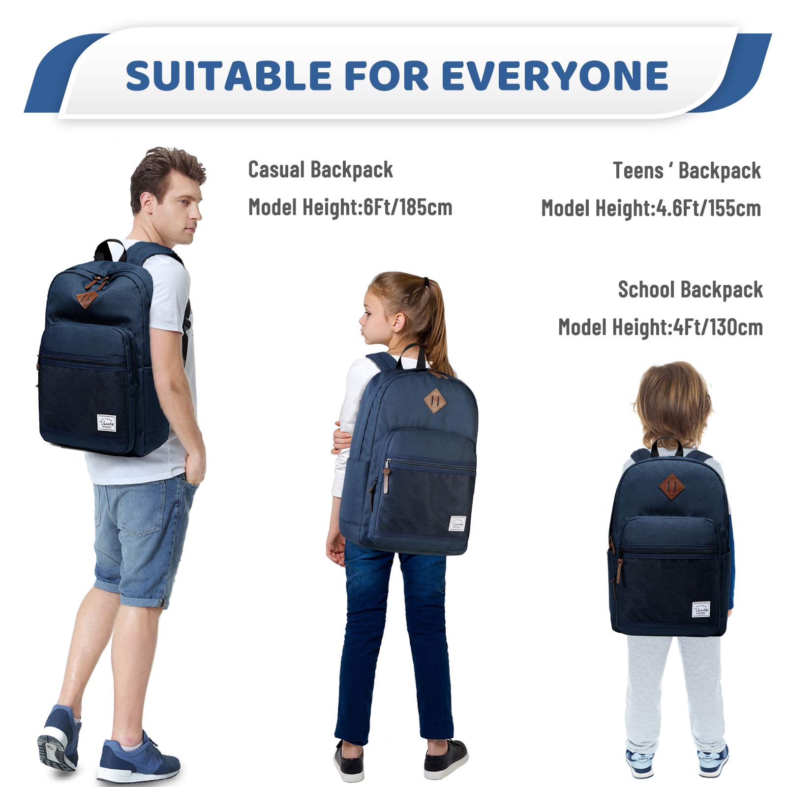 VASCHY Waterproof Lightweight School Backpack for Men & Women - 15.6 Inch Laptop Backpack with Padded Sleeve - Navy Blue College Backpack for Travel, Work & Daily Commute