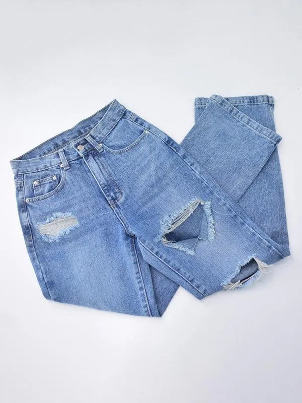 Women's Straight Ripped Jeans with Ankle Slits - Trendy Distressed Denim Pants for Casual Outfits & Streetwear Fashion