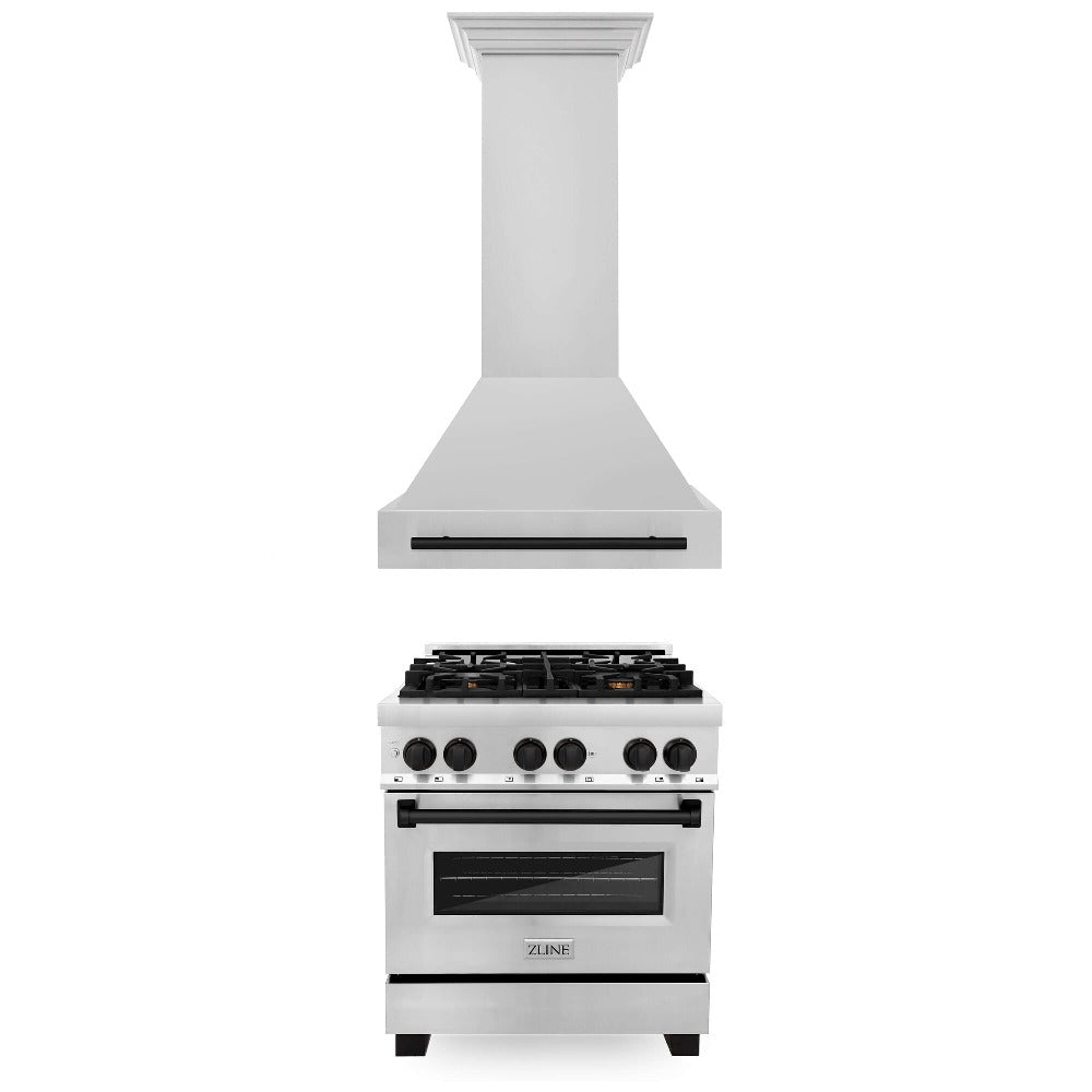 ZLINE Autograph Edition 30-inch Stainless Steel Dual Fuel Range & Range Hood Kitchen Package with Matte Black Accents - Professional Cooking for Home Chefs & Modern Kitchen Upgrade (2AKP RARH30 MB)