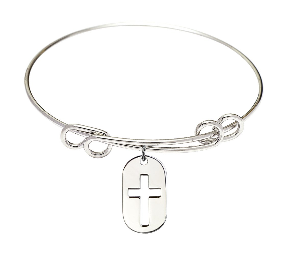 Sterling Silver Round Double Loop Bangle Bracelet with Cross Dog Tag - Elegant Jewelry for Women, Perfect for Everyday Wear, Gifts & Special Occasions