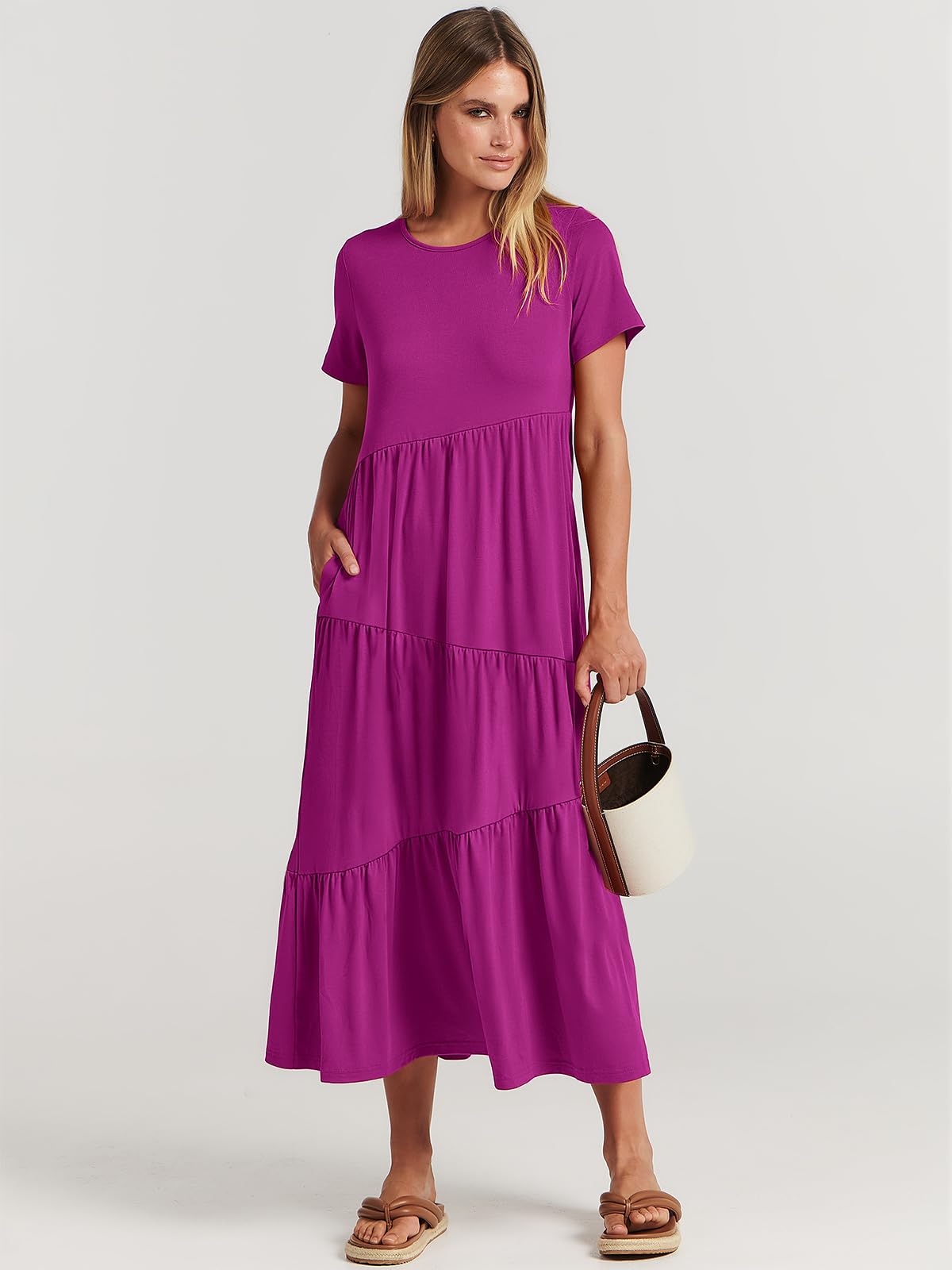 ANRABESS Women's Summer Maxi Dress - Short Sleeve Casual Swing Dress, Asymmetric Tiered Beach Sundress for Vacation, Long Dress for Beach Outings, Pool Parties and Summer Getaways