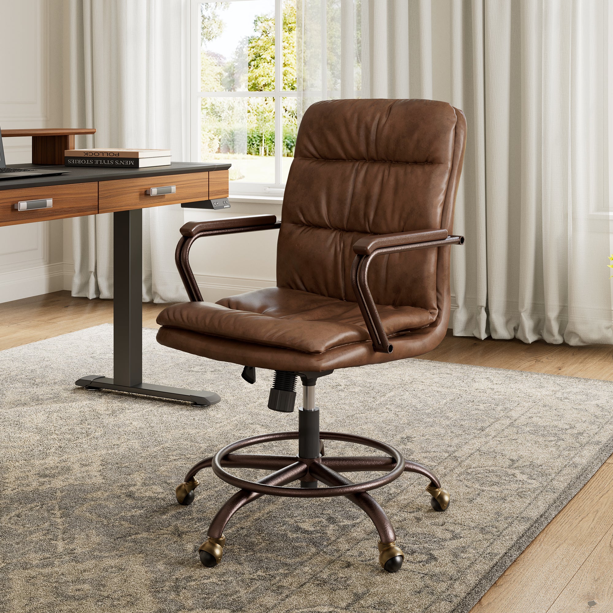 Premium PU Leather Home Office Chair - Ergonomic Executive Desk Chair with Adjustable Height & Lumbar Support for Comfortable Working & Studying