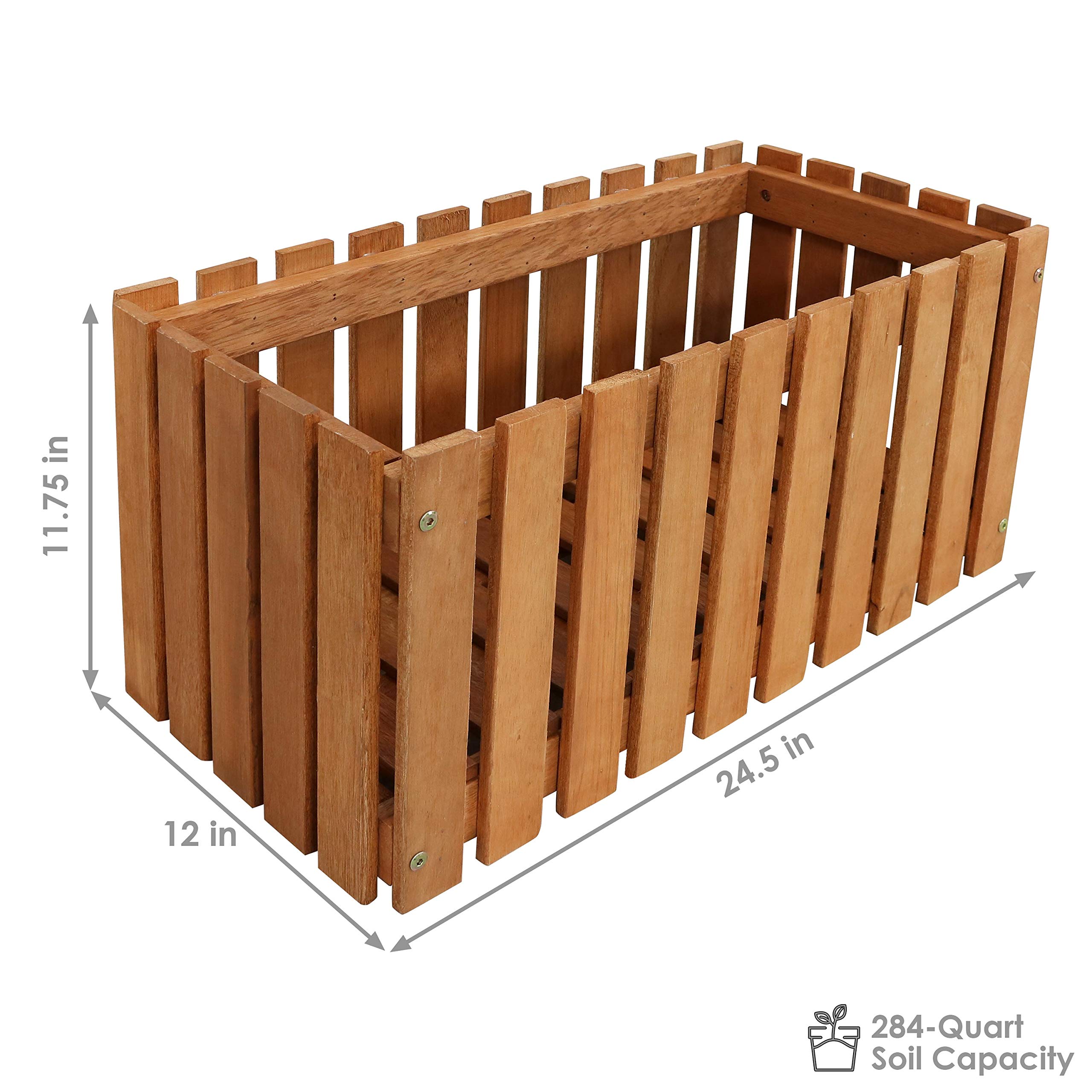 Sunnydaze 24-Inch Meranti Wood Picket Style Planter Box & 2-Pack 16-Inch Square Outdoor Planters with Teak Oil Finish - Perfect for Patio, Garden, and Balcony Decor