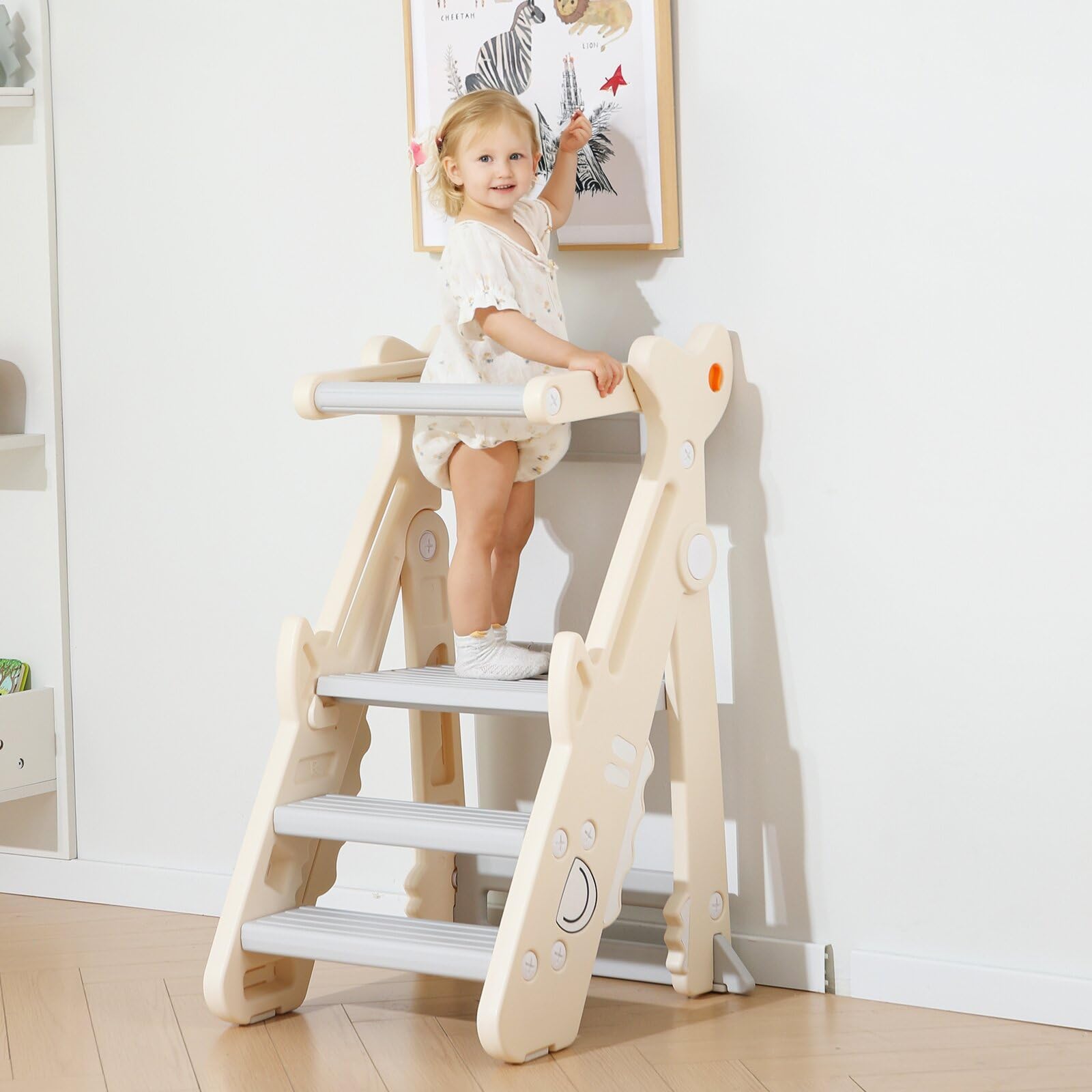 Foldable Toddler Kitchen Step Stool with Adjustable Height & Safety Rail - Anti-Drop Standing Tower Helper for Cooking, Baking & Learning Activities