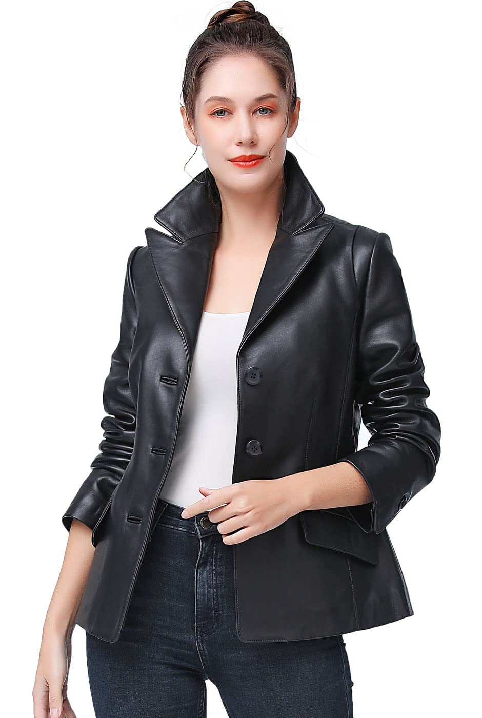 BGSD Women's Emma Lambskin Leather Blazer Jacket - Plus Size & Petite Available | Elegant Office Wear & Evening Outfits for Professional Women