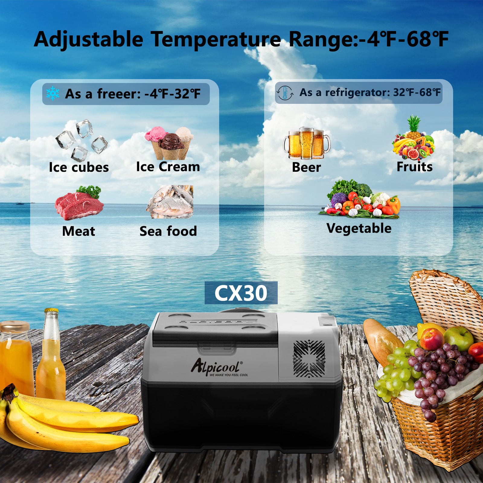 Alpicool CX30 12V Portable Car Refrigerator Freezer - 30 Quart Compact Fridge for Road Trips, Camping & Outdoor Adventures