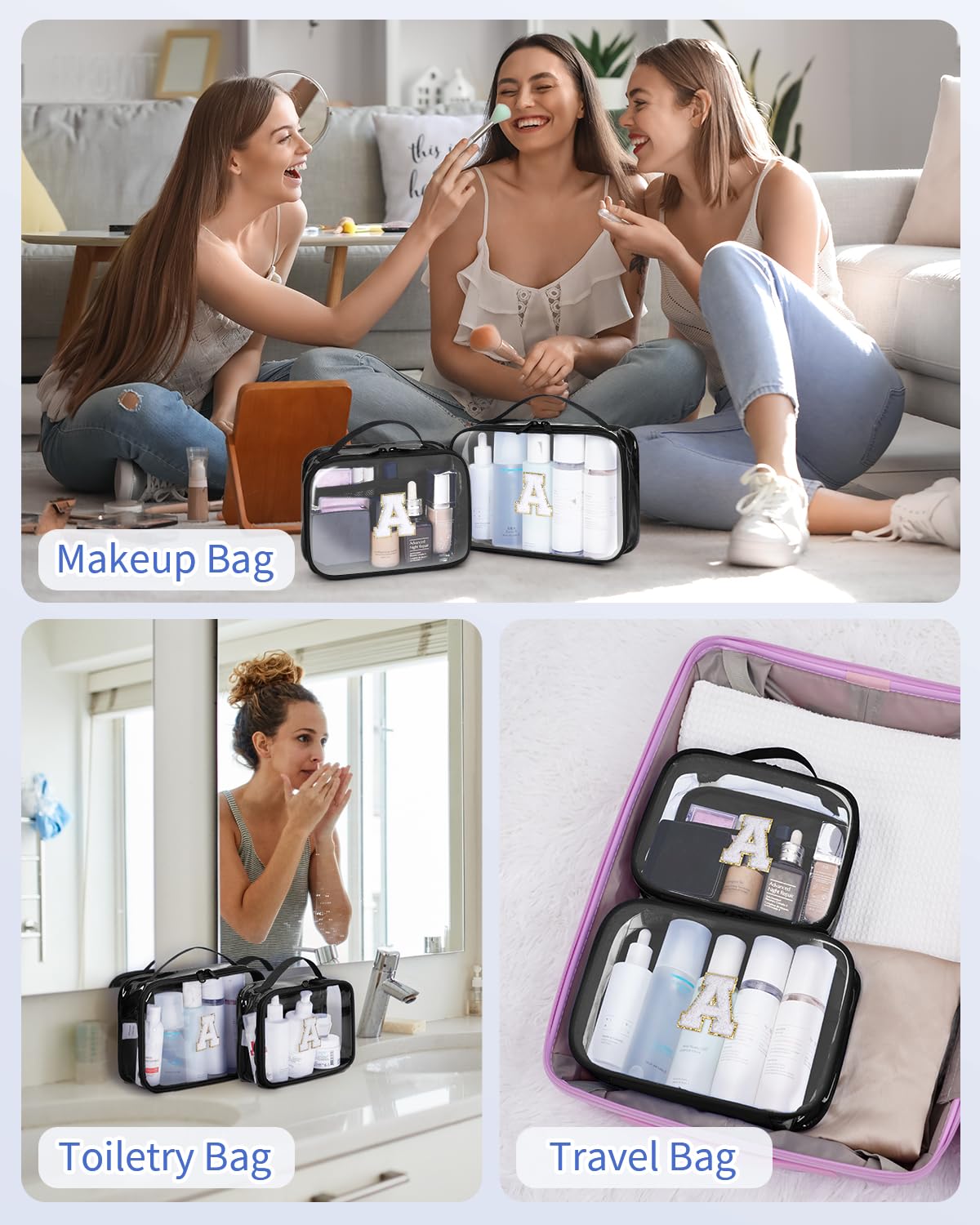 Wandering Nature Clear Makeup Bags 2 Pack - Personalized Initial Cosmetic Pouch Organizer, Preppy Small Travel Toiletry Bag for Women | Perfect Birthday Gift for Girlfriend, Best for Travel, Gym & Daily Makeup Storage
