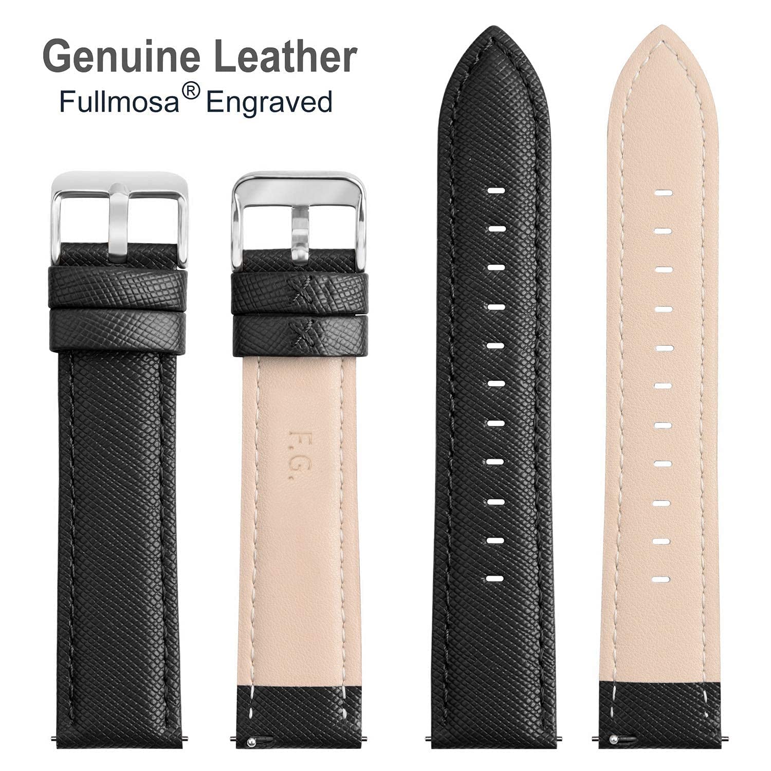 Fullmosa 20mm Black Leather Watch Band for Men & Women - Casual & Dress Style