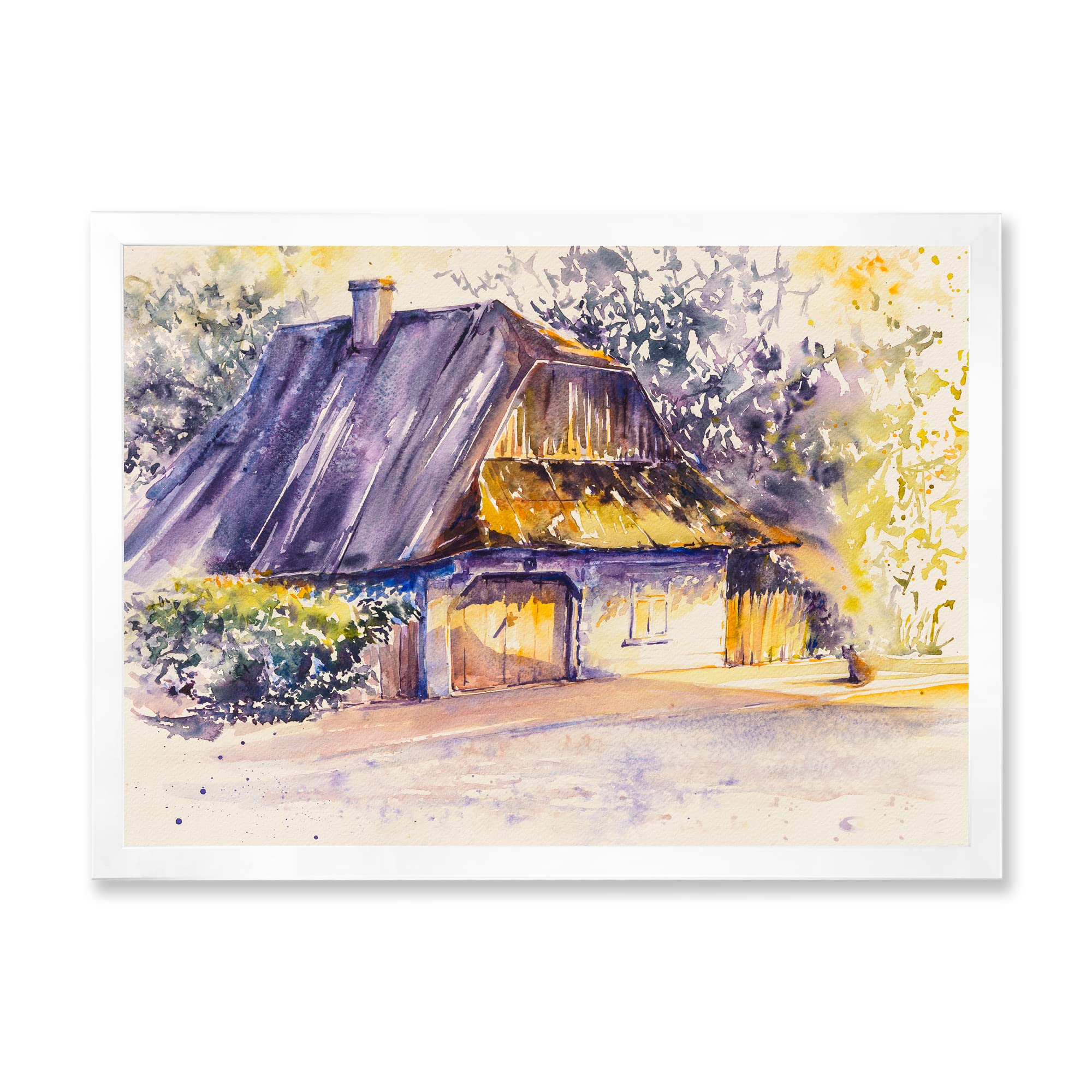 DesignQ Vintage Wooden White House Countryside Village Traditional Framed Wall Art - Perfect for Farmhouse, Rustic & Cottage Decor