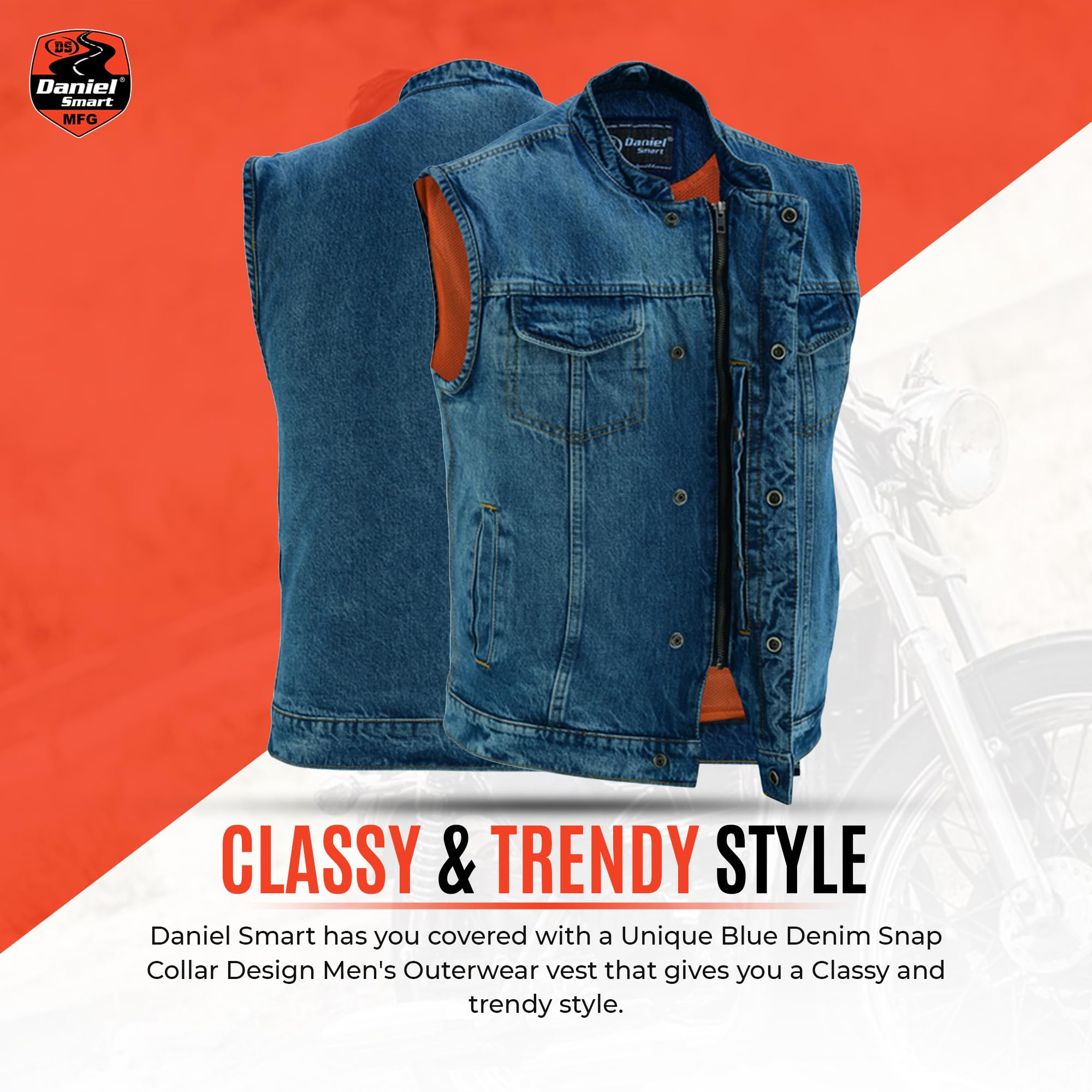 Daniel Smart Men's Denim Vest - Scoop Collar Motorcycle Jacket with Concealed Armory Pockets & Hidden Zipper - Perfect for Biker Outfits, Casual Wear & Outdoor Adventures