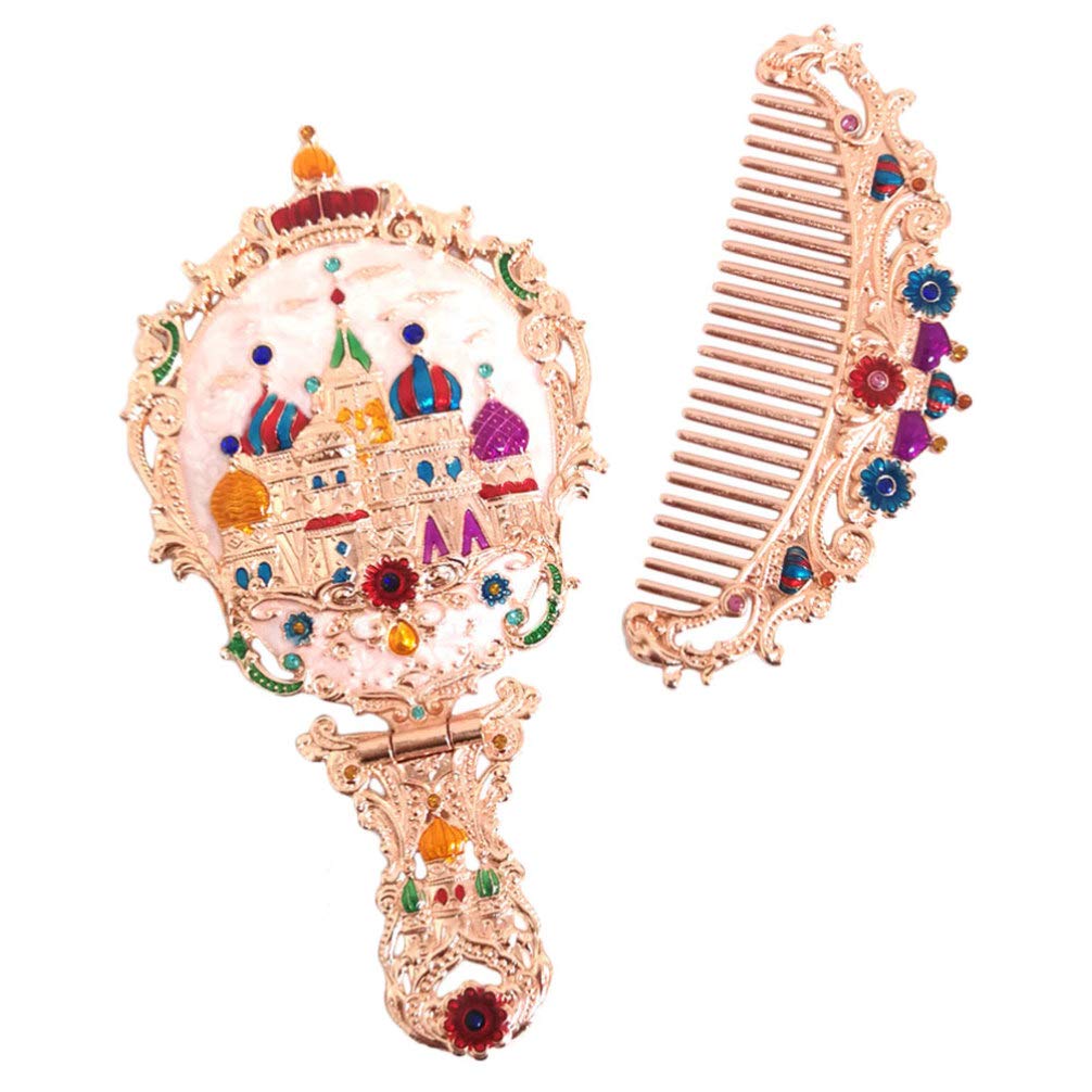 Vintage Silver Handheld Makeup Mirror with Comb Set - Retro Cosmetic Mirror for Travel, Dressing Table & Handbags - Princess Style Decorative Mirror for Home & On-the-Go Beauty