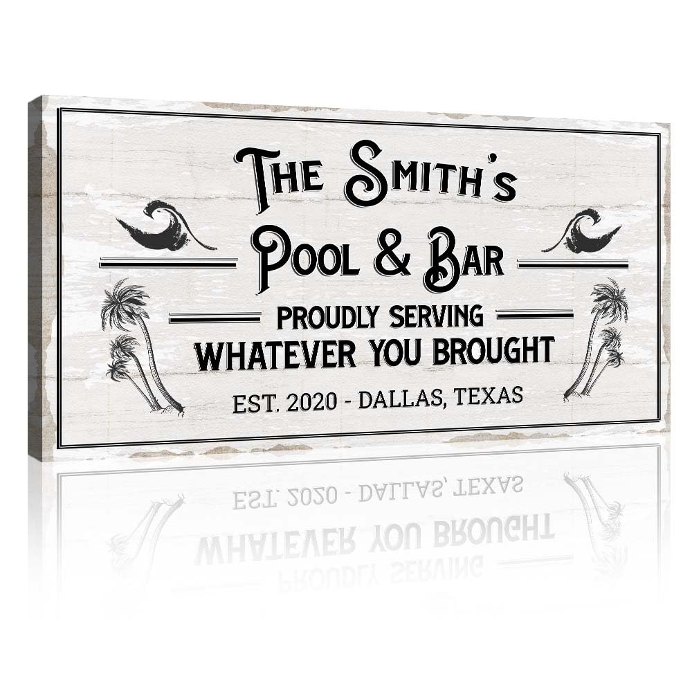 Custom Canvas Bar Sign - Personalized 'Proudly Serving Whatever You Brought' Wall Art - 48x24 Inch Rustic White Printable Decor for Man Cave, Backyard, Kitchen, Pub & Diner - Perfect for Home Bars, Game Rooms & Outdoor Entertaining