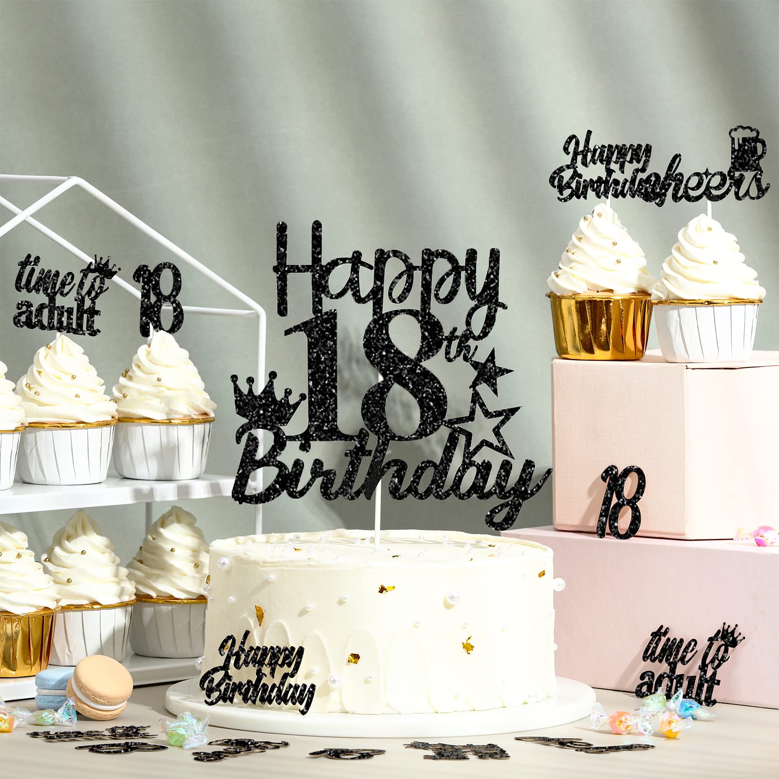 Happy 18th Birthday Cake Toppers - 25 Pack Black Cake Picks & Sticks - Cheers to 18 Years Party Decorations for Boys - Eighteen Years Old Birthday Party Supplies - Perfect for Milestone Celebrations & Sweet 16 Upgrades