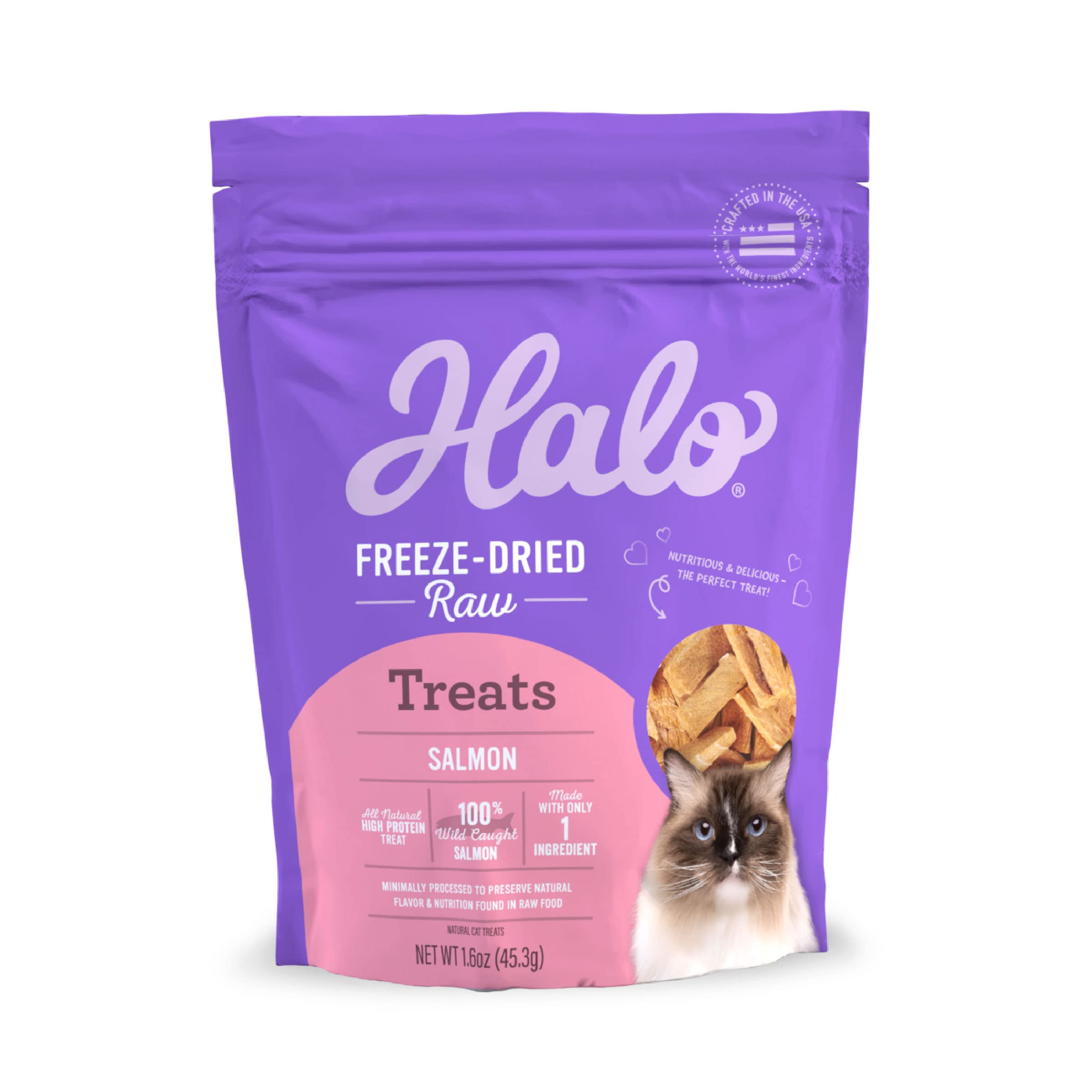 Halo Freeze Dried Raw Cat Treats - 100% Wild Caught Salmon Recipe, All-Natural High Protein Cat Snacks, 1.6 Oz Pouch - Perfect for Training, Rewards & Healthy Treats for Indoor/Outdoor Cats