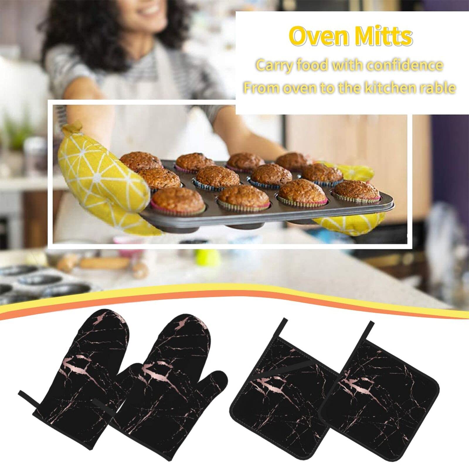 **Rose Gold & Black Marble Oven Mitt and Pot Holder Set of 4 - Heat Resistant, Non-Slip Kitchen Gloves for Baking, Cooking, Grilling, BBQ - Perfect for Home Chefs & Holiday Gifts**