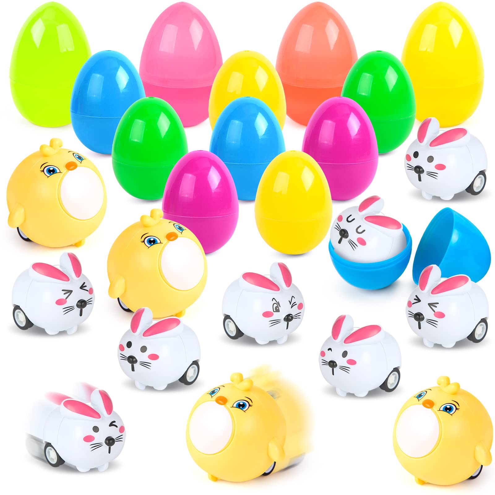 LovesTown 12 Pack Prefilled Easter Eggs with Toys - Plastic Easter Eggs with Pull Back Cars, Rabbit & Chicken - Easter Basket Stuffers & Party Favors for Kids - Perfect for Easter Egg Hunts, Birthday Parties & Classroom Rewards