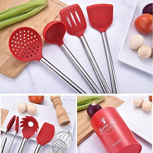 8-Piece Red Silicone Stainless Steel Kitchen Utensil Set - Non-Slip Heat-Resistant Cooking Tools for Baking, Frying & Serving - Perfect Gift for Home Chefs
