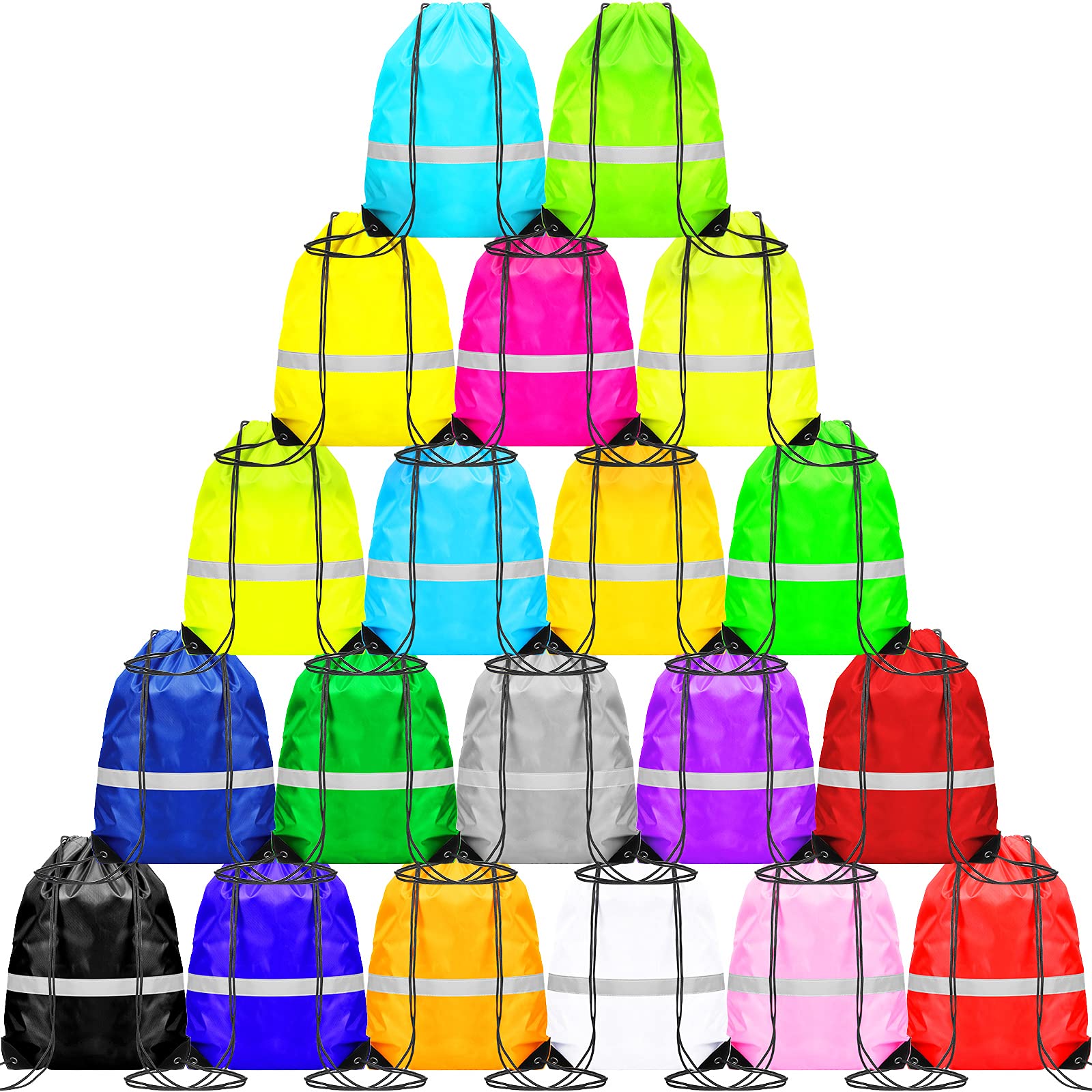 20-Piece Reflective Strip Drawstring Backpack Set - Waterproof Lightweight Gym Sack Bags for Yoga, Sports & Travel - Ideal for Kids, Women & Men (20 Color Options) - Perfect for Gym, School, Beach & Outdoor Activities