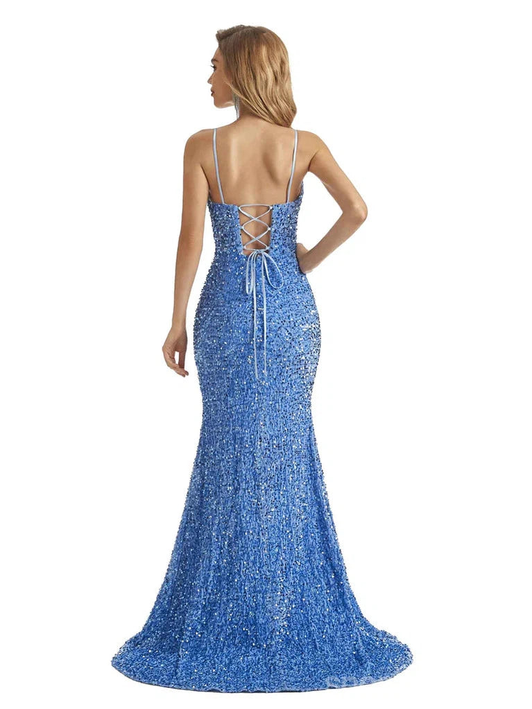Elegant Blue Mermaid Prom Dress with Spaghetti Straps & High Slit - Affordable Long Formal Gown for Homecoming, Evening Party & Special Occasions
