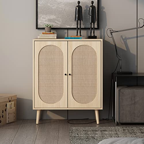 Rattan 2-Door Buffet Sideboard Cabinet with 2 Adjustable Shelves - Freestanding Console Table for Entryway, Kitchen & Dining Room - Natural Woven Accent Storage Furniture for Home Decor