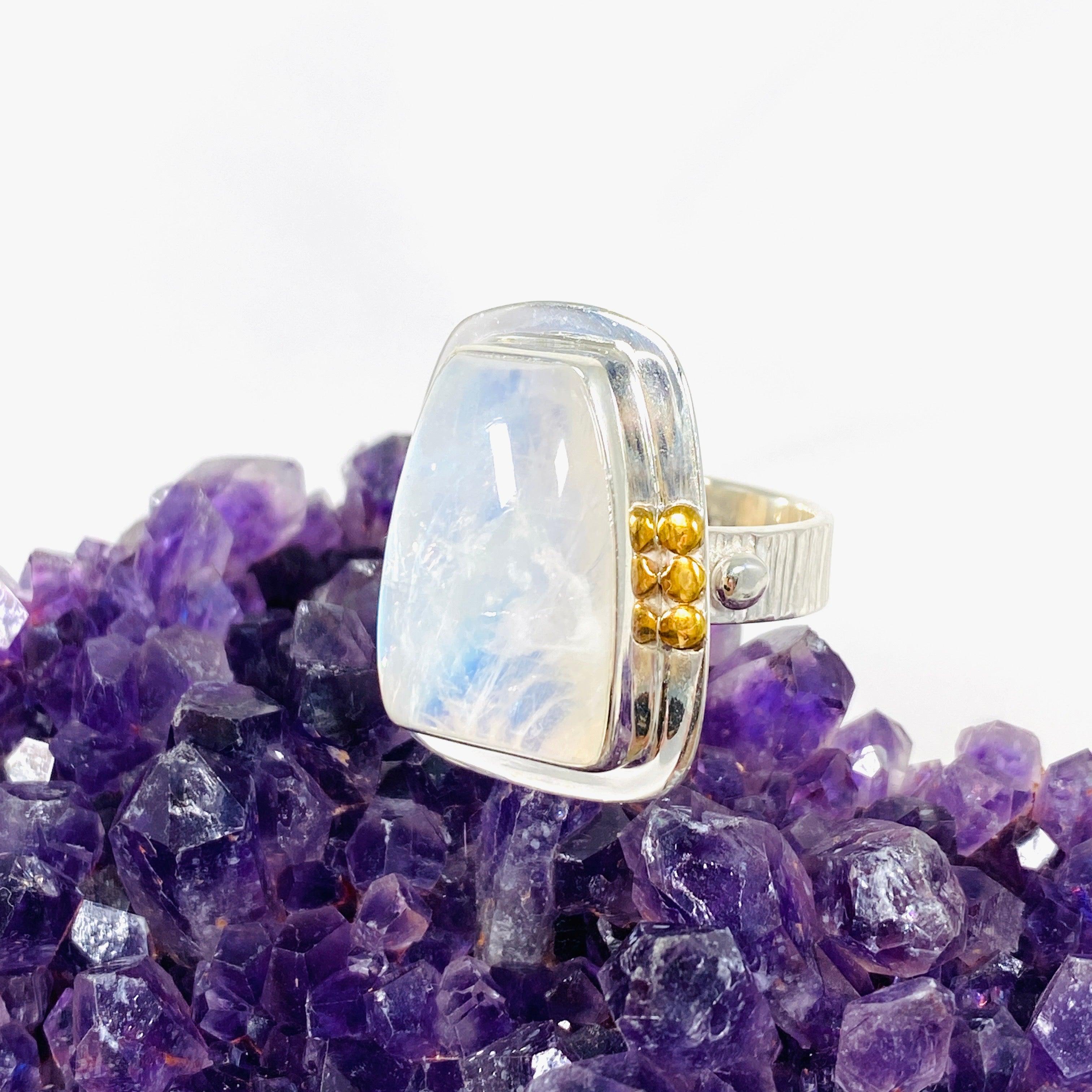 Moonstone Freeform Ring with Brass Detailing - Size 10 - KRGJ3035 - Boho Chic Jewelry for Women, Perfect for Everyday Wear & Special Occasions