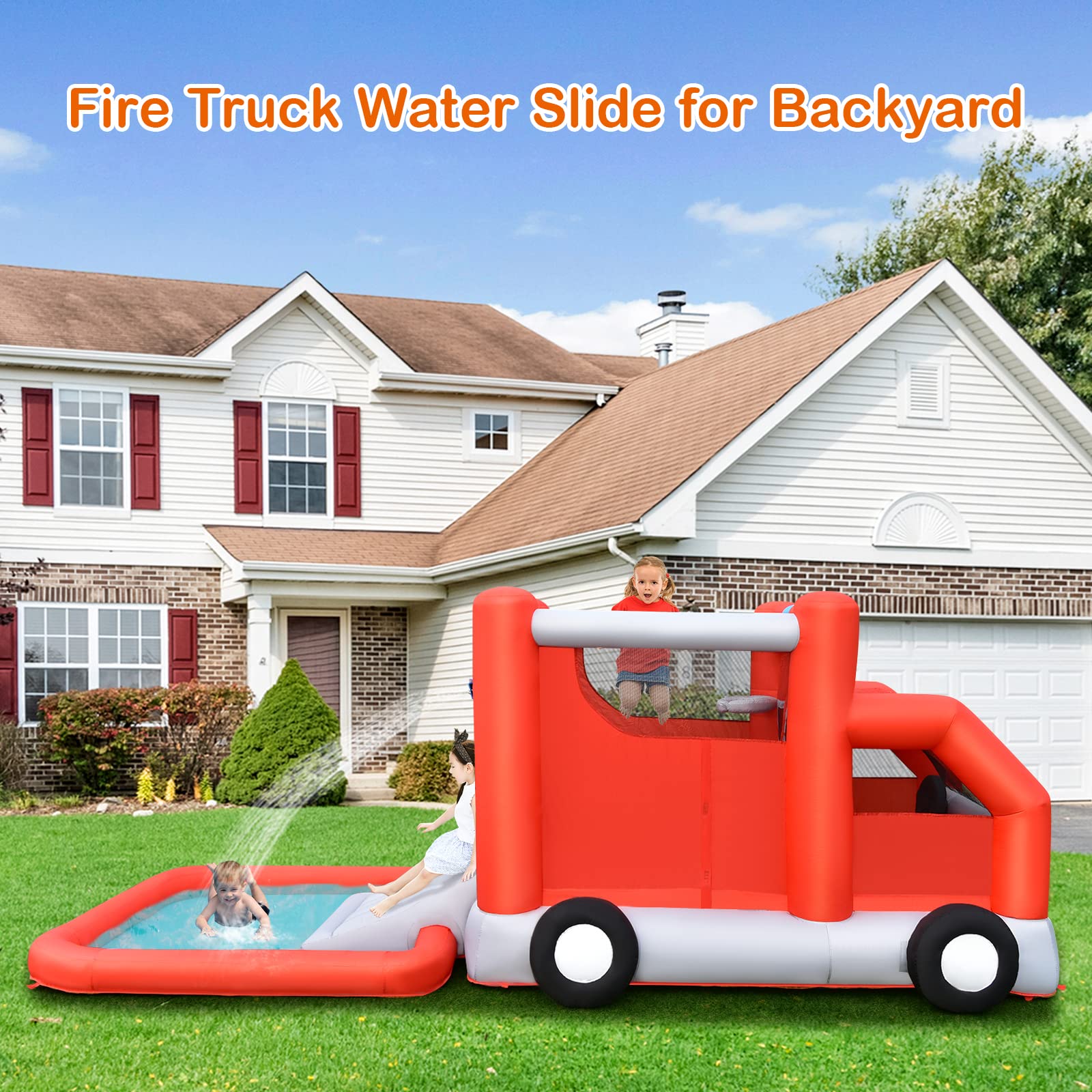 **HONEY JOY Inflatable Water Slide - Fire Truck Toddler Bouncy Water Park with Giant Splash Pool | Outdoor Water Bounce House for Kids & Adults | Backyard Summer Party & Birthday Fun (Includes 480W Blower)**