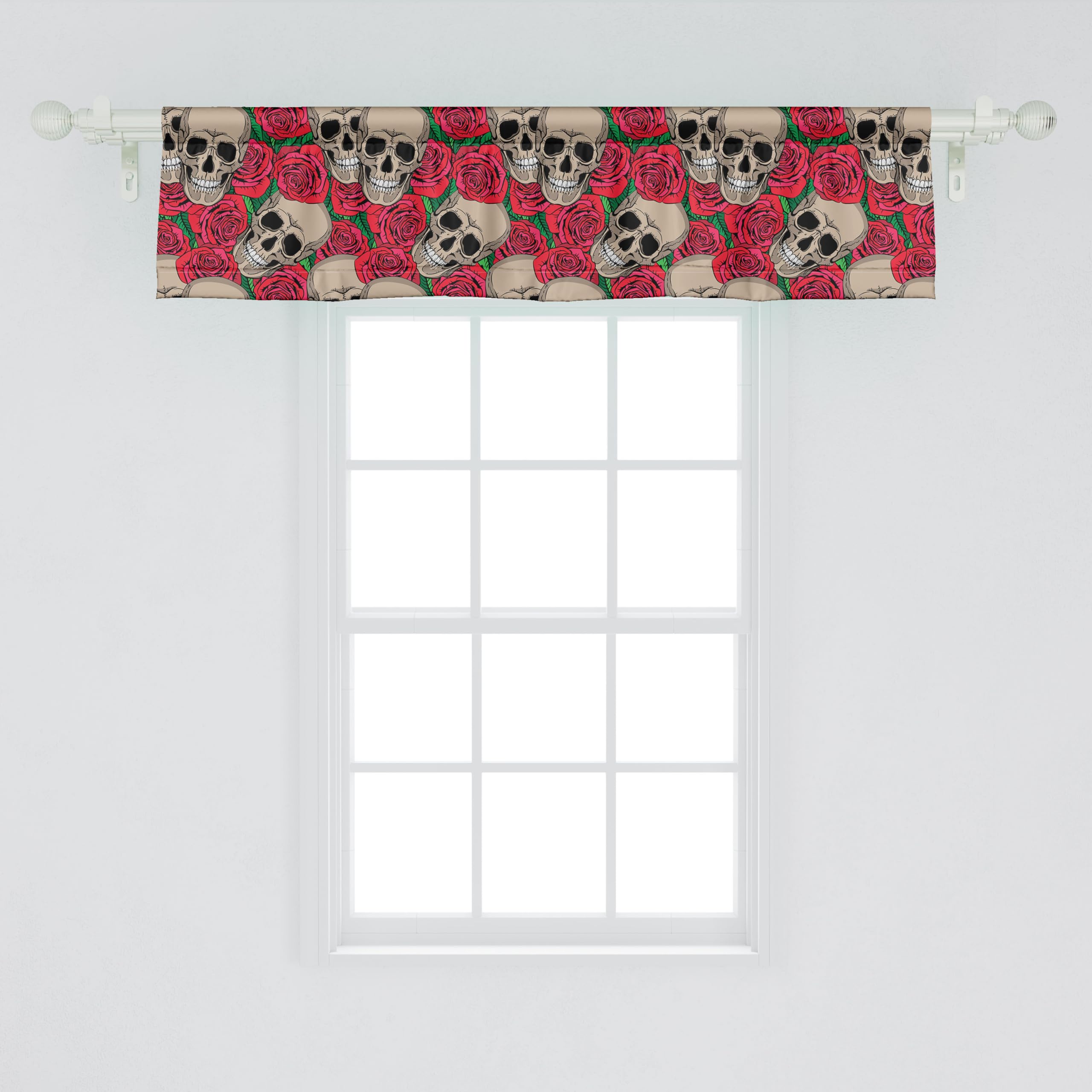 Ambesonne Gothic Rose Window Valance - Skull & Red Rose Blossom Halloween Decor with Rod Pocket, 54x12 Inches, Vermilion Green - Perfect for Kitchen, Bedroom & Gothic Home Decor