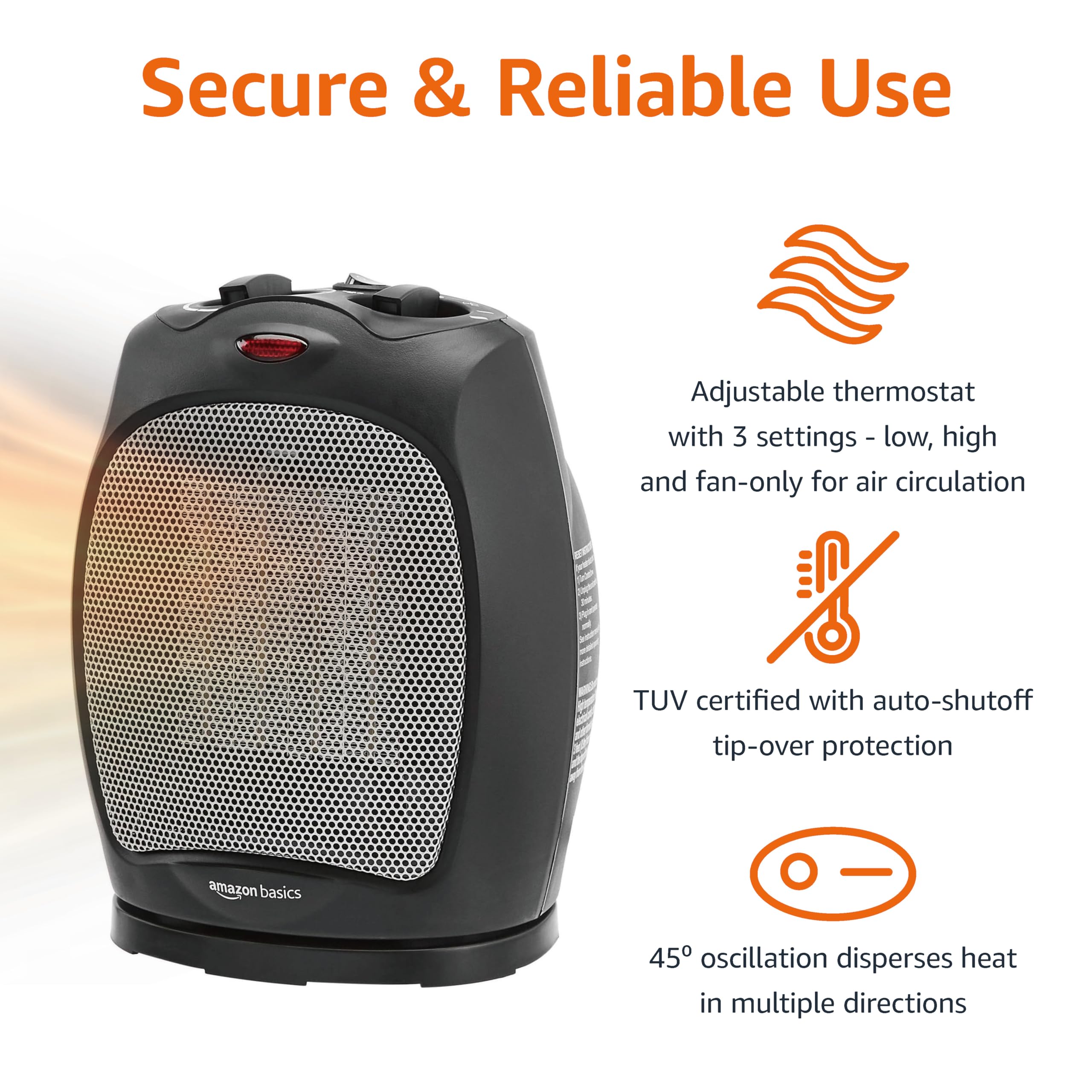 Amazon Basics Oscillating Ceramic Space Heater - 1500W Portable Indoor Heater with Thermostat, Overheat & Tip-Over Protection for Home, Office, Bedroom - Compact 7.52