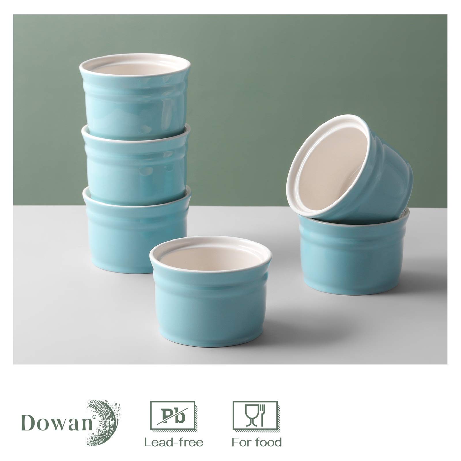 DOWAN 8 oz Porcelain Ramekins Set of 6 - Oven Safe Baking Dishes for Creme Brulee, Souffle, Custard & Pudding | Turquoise Dessert Bowls for Home Kitchen & Restaurant Use