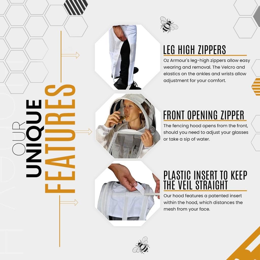 3-Layer Mesh Ventilated Beekeeping Suit with Fencing Hood & Round Brim Hat - Medium Size Beekeeper Protective Gear for Safe Honey Harvesting and Hive Inspection