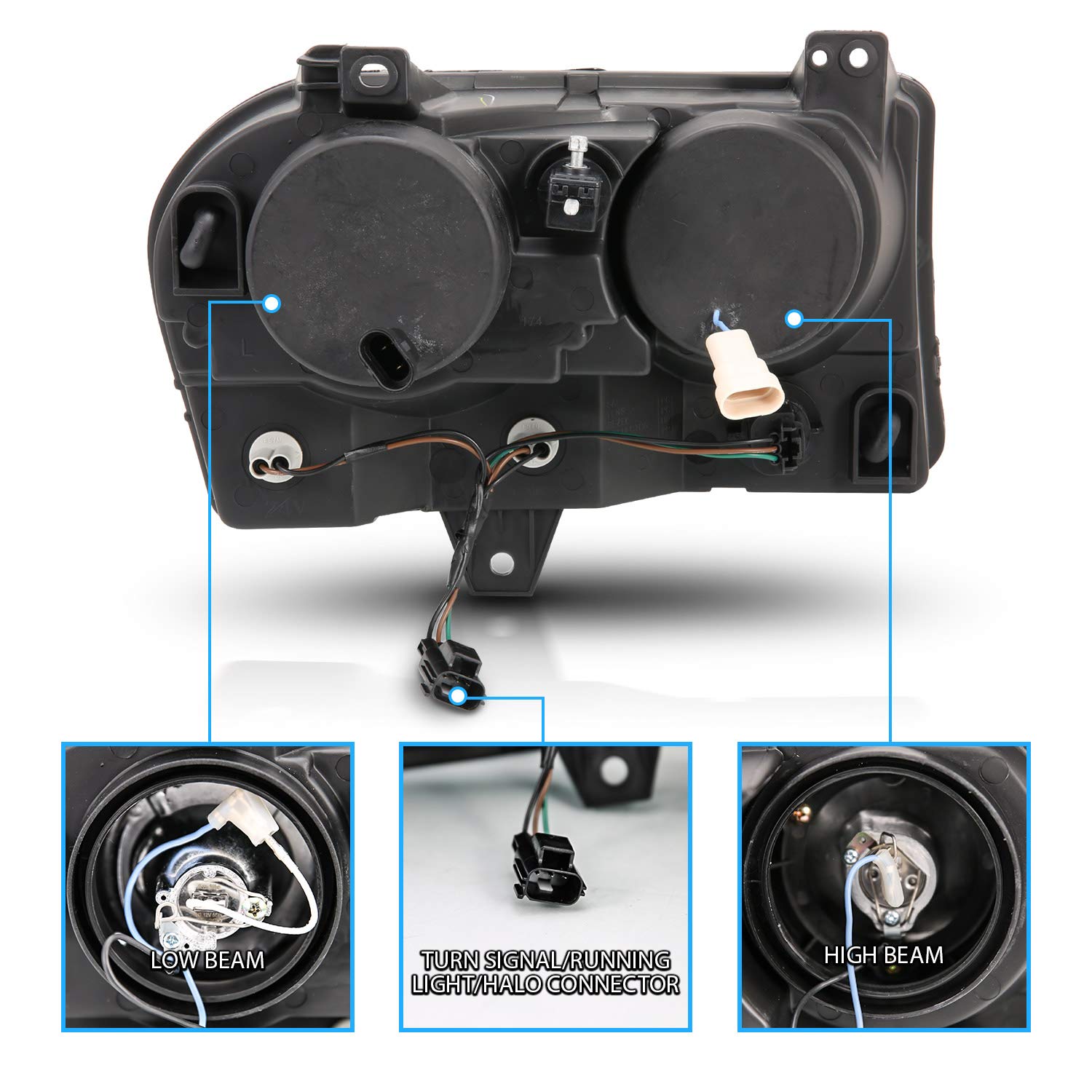 2005-2010 Chrysler 300 Black Replacement Headlight Assembly - Halogen Projector with Super Bright LED Halo & Bulbs (Pair) - Passenger & Driver Side - Improved Night Visibility & Style Upgrade for Daily Driving