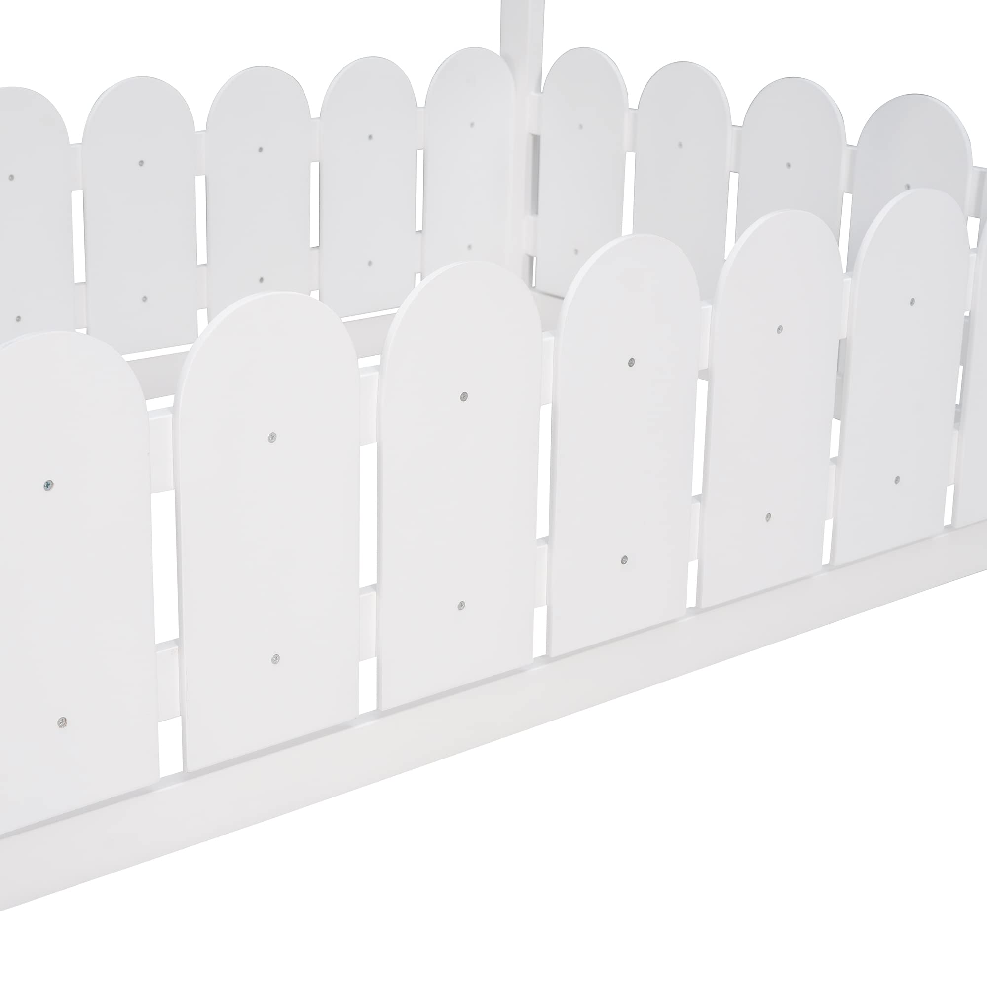 P PURLOVE Twin Size Wooden House Bed Frame - Montessori Floor Bed with Fence & Roof for Kids, Teens, Boys & Girls - White | Perfect for Playrooms, Bedrooms & Montessori Learning Spaces