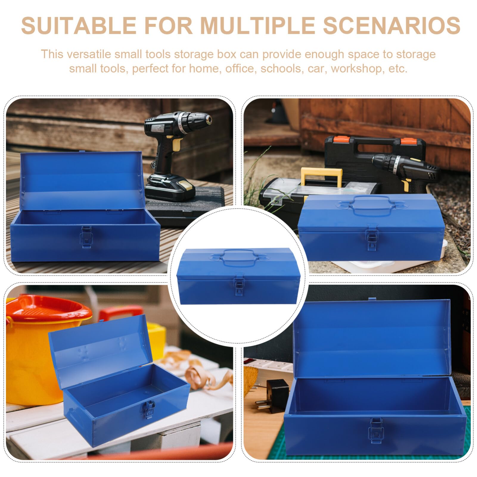 DOITOOL Small Metal Tool Box - Portable Steel Tool Organizer with Hip Roof Design & Secure Metal Latch | Compact 13.95x6.68x4.52 Inch Blue Tool Storage Box for DIY, Home Repair, Car Maintenance & Workshop Organization