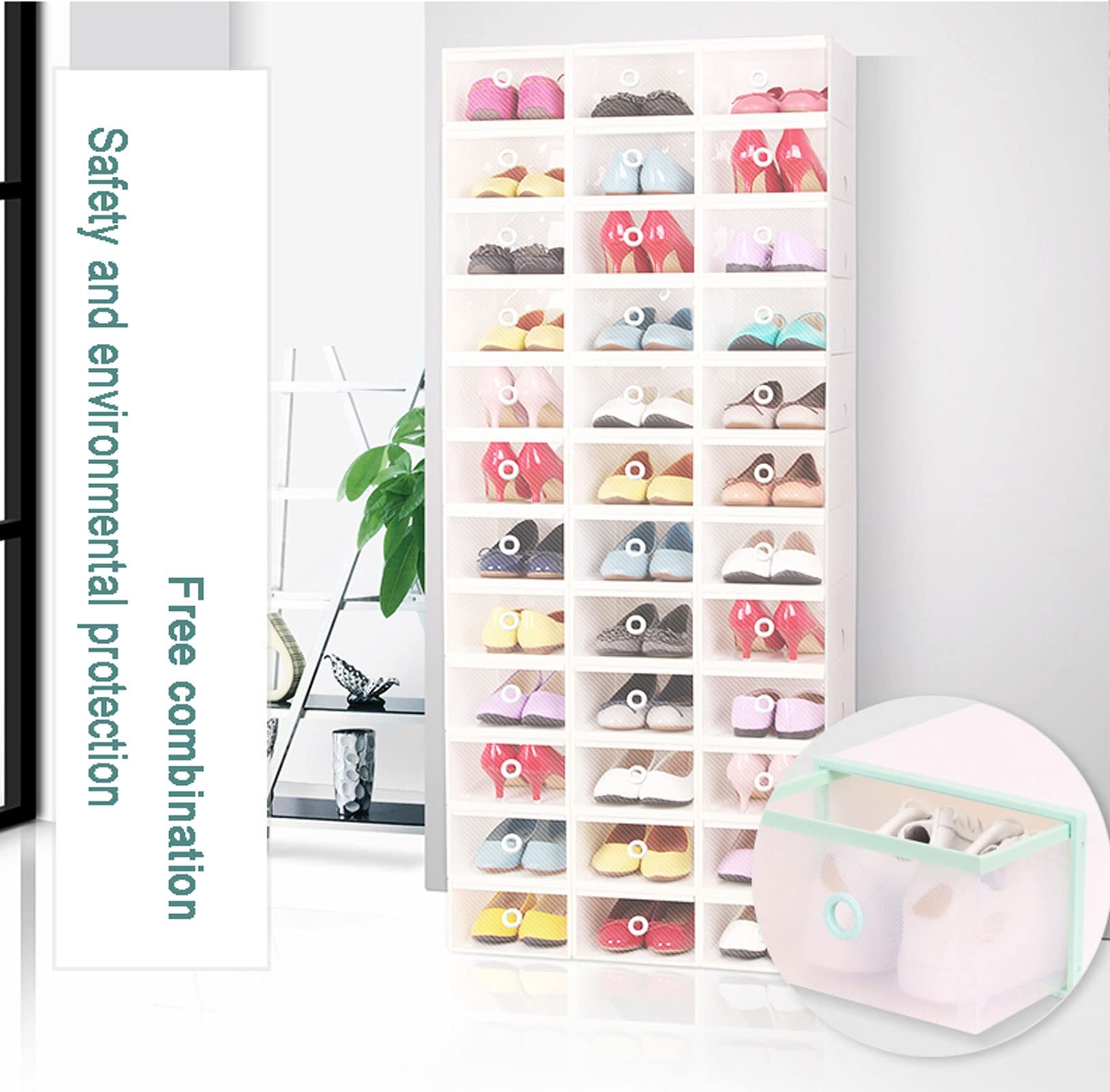 Clear Plastic Stackable Shoe Storage Boxes - 12 Pack with Transparent Door | Space Saving Foldable Shoe Containers for Closet Organization | Perfect for Sneakers, Boots & Heels (Green, 29x20.5x12cm/11.4x8.1x4.7in)