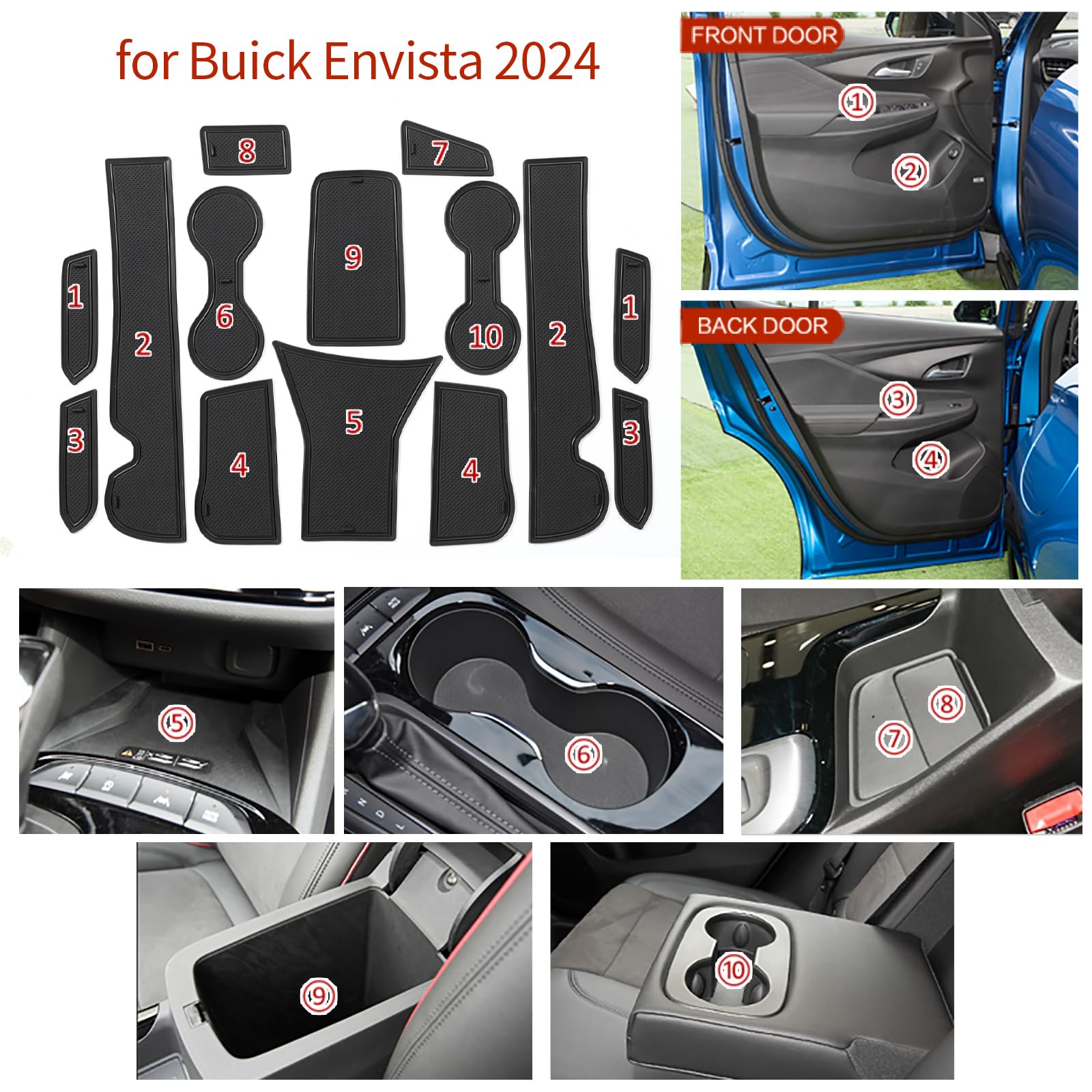 SMABEE Custom Fit Cup Holder Inserts & Interior Accessories for Buick Envista 2024 2025 - Premium Black Center Console Liners, Door Slot Mats & Pocket Protectors | Perfect for Car Organization & Spill Protection