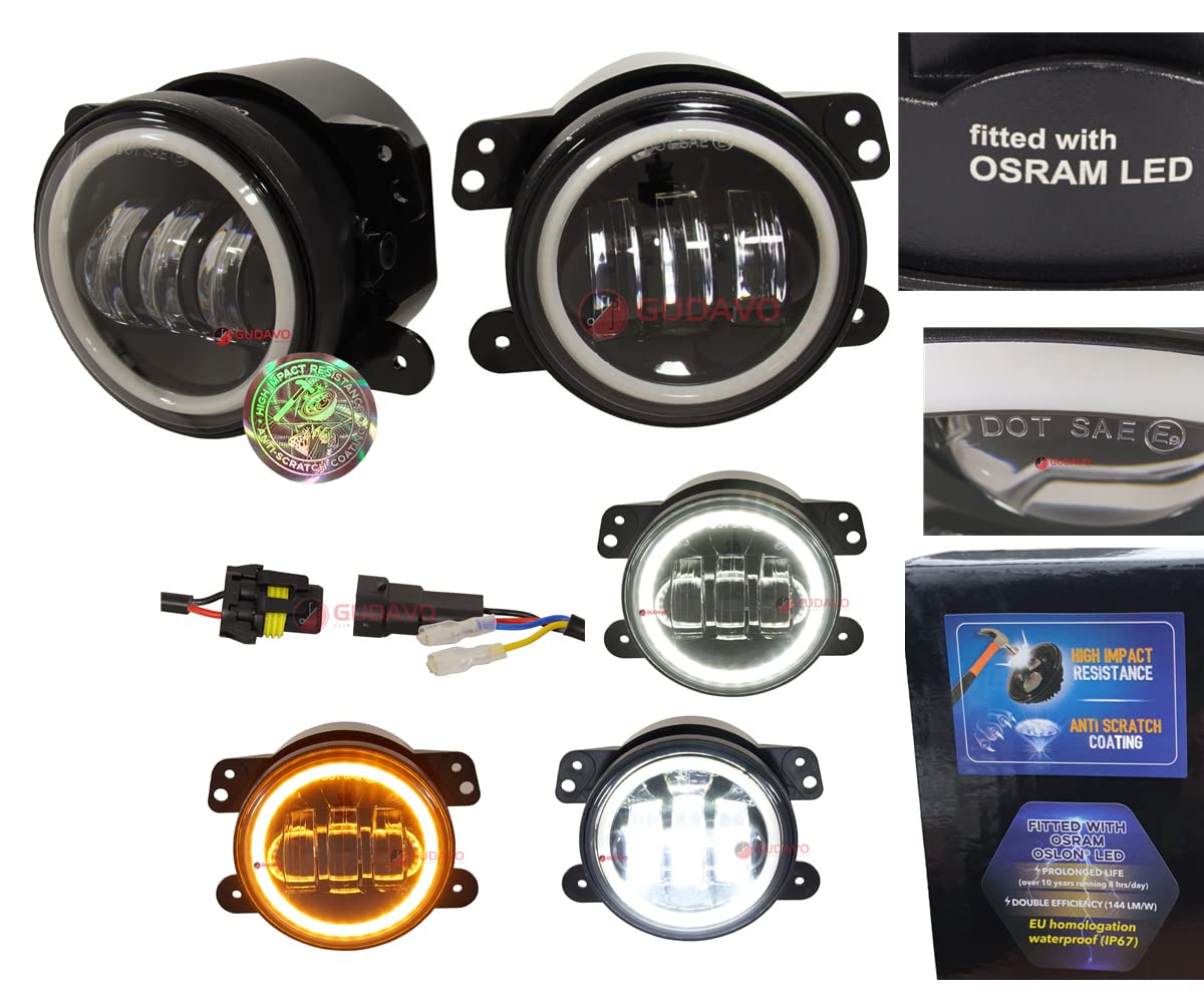 4 Inch Super Bright LED Fog Lights with DRL Halo Ring - Compatible with Jeep Wrangler Rubicon, Sport, Sahara, Unlimited, Hard Rock, Willys, Altitude, Dragon, X - Perfect for Off-Roading, Night Driving & Enhanced Visibility