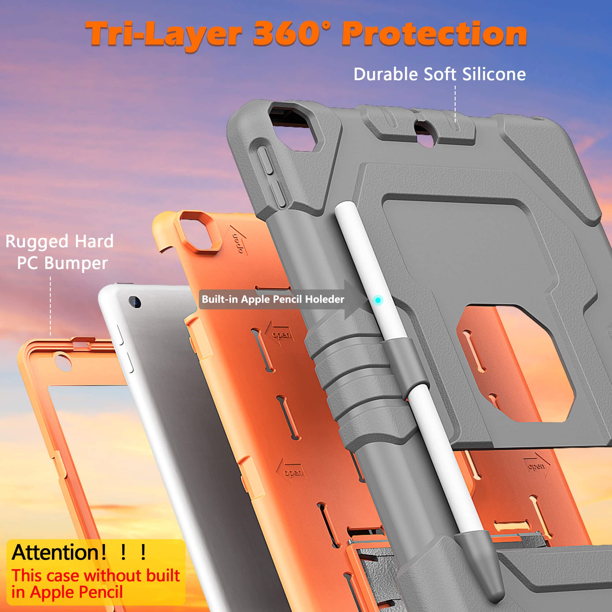 TOPSKY Shockproof Rugged iPad Case for 9th/8th/7th Generation (2021/2020/2019) - Heavy Duty Protective Cover with Pencil Holder & Kickstand, Grey-Orange | Perfect for Kids, Students & Outdoor Use