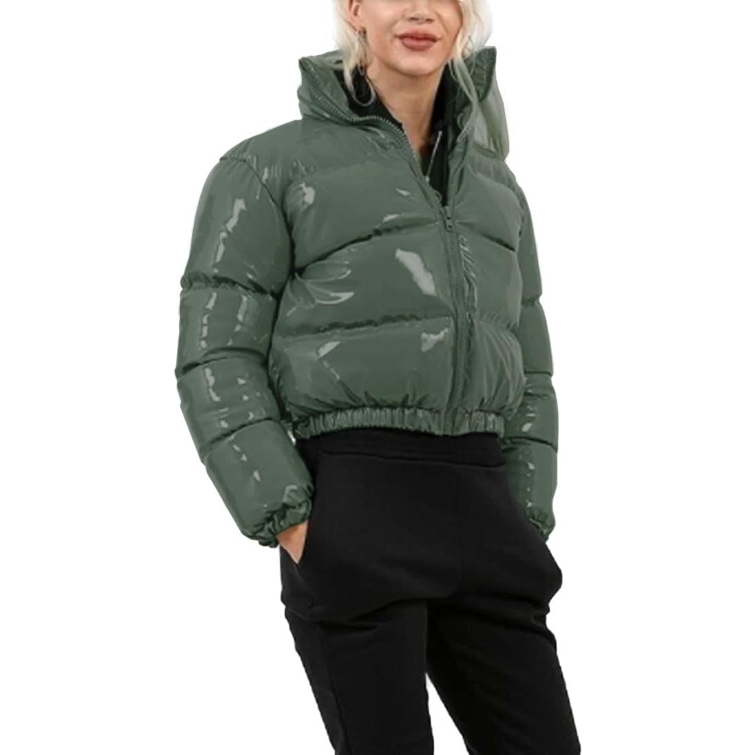 ONLYWOOD Women's Winter Puffer Jacket - Metallic Crop Bubble Coat for Outdoor Fashion
