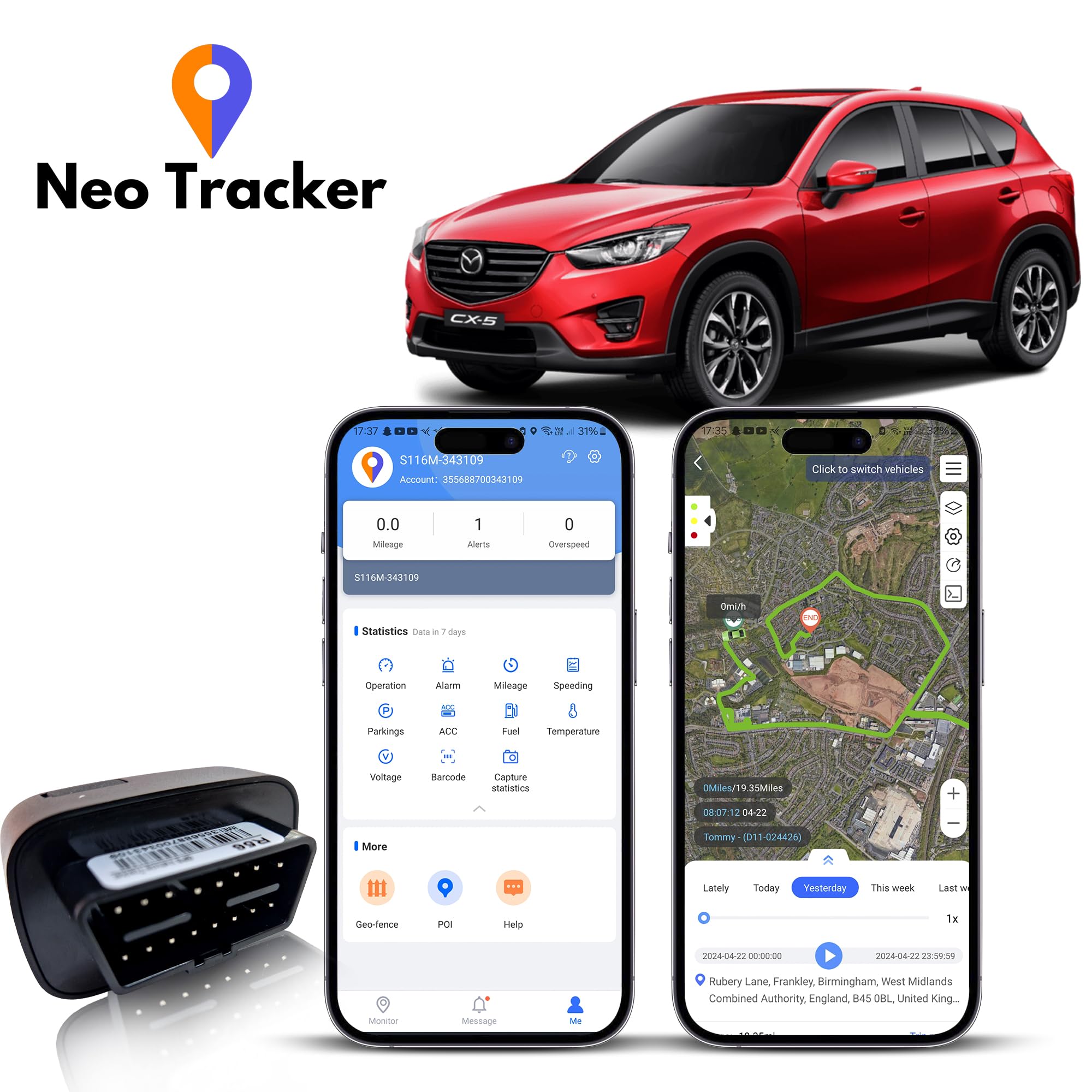 Neo OBD GPS Tracker for Cars, Vans, Motorhomes & Vehicles - Real-Time Vehicle Tracking Device with SIM Card & Security Alerts | Perfect for Fleet Management, Anti-Theft Protection, and Family Safety Monitoring